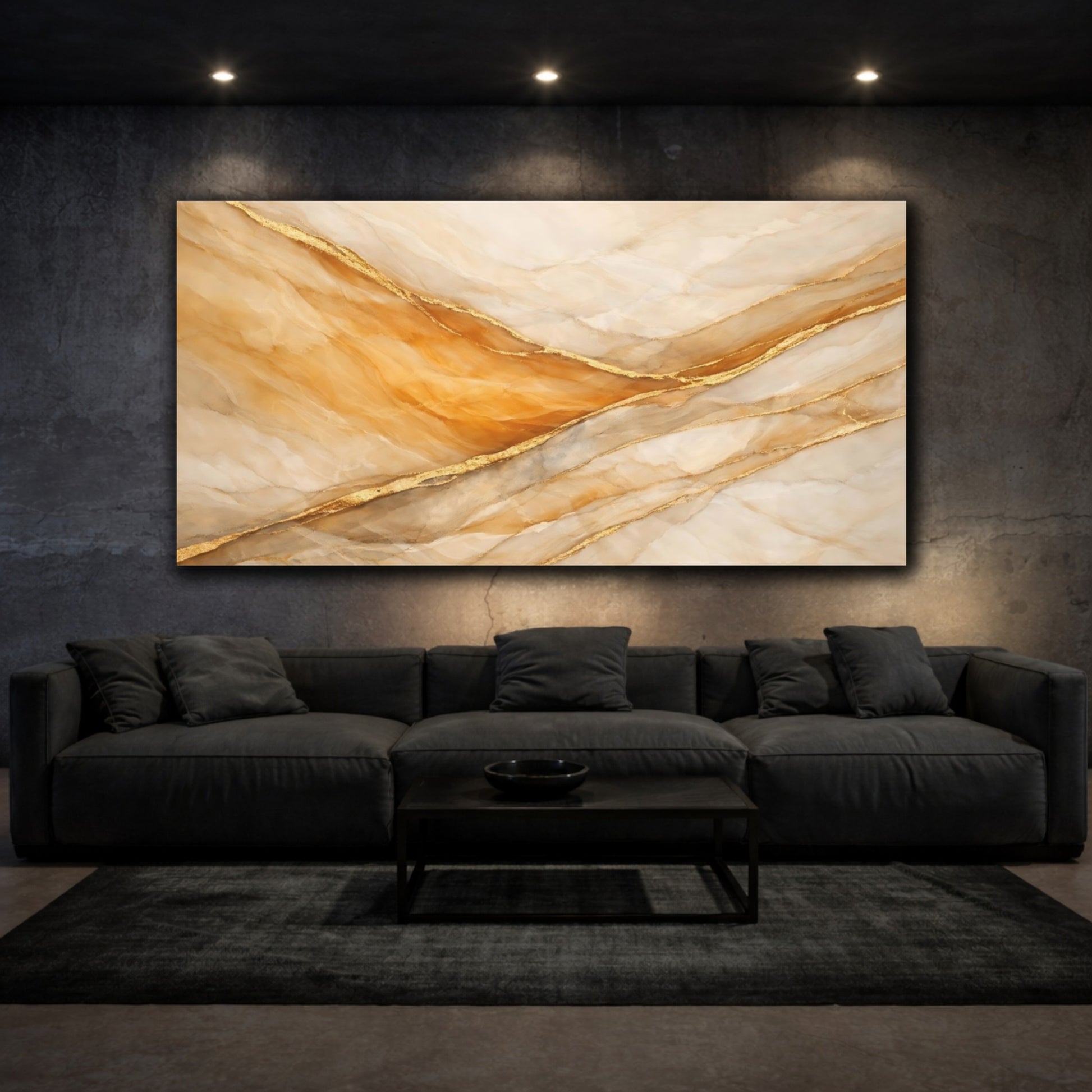 Mockup 2. Abstract Onyx Pattern Gold And Cream shown as stretched canvas wall art
