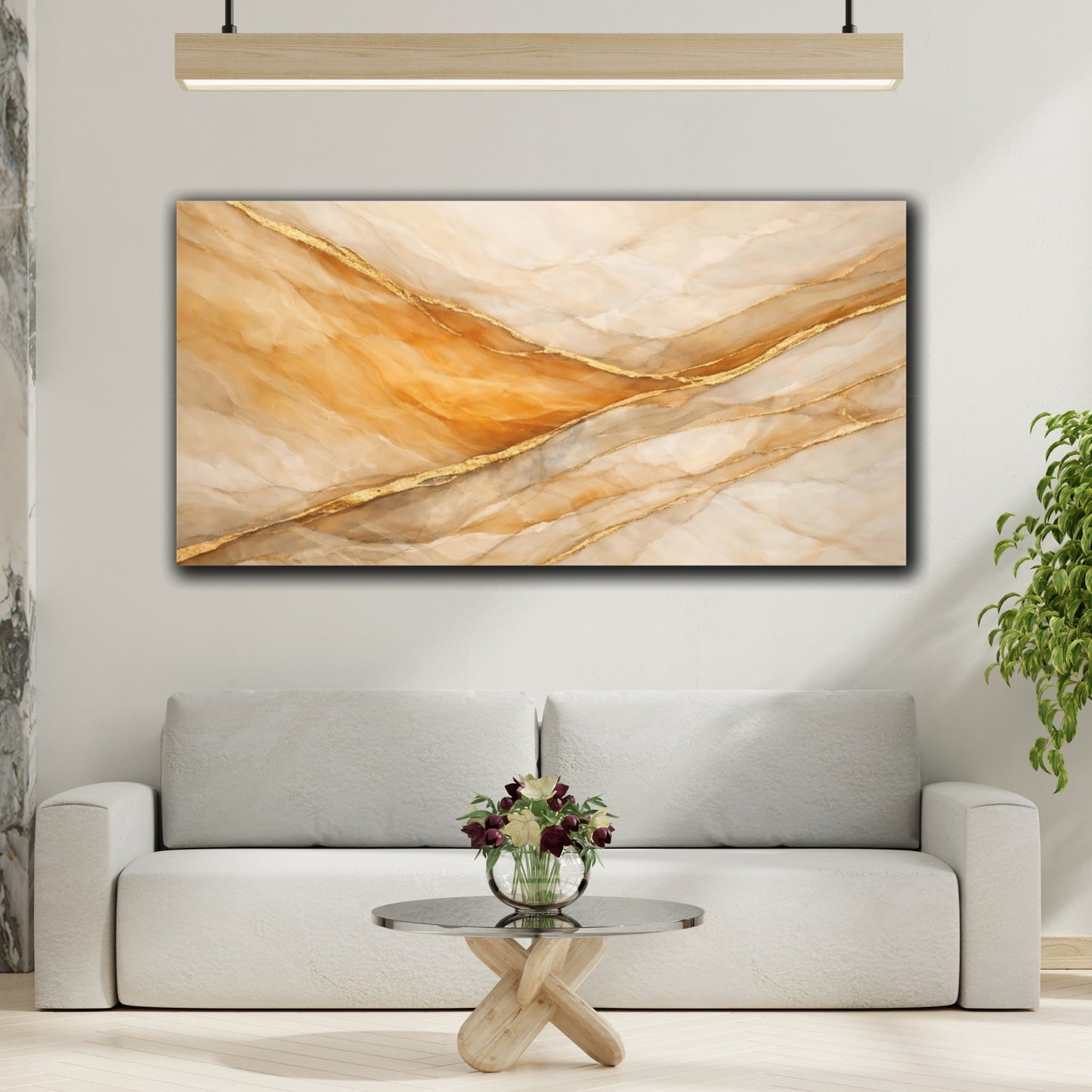 Mockup 3. Abstract Onyx Pattern Gold And Cream shown as stretched canvas wall art