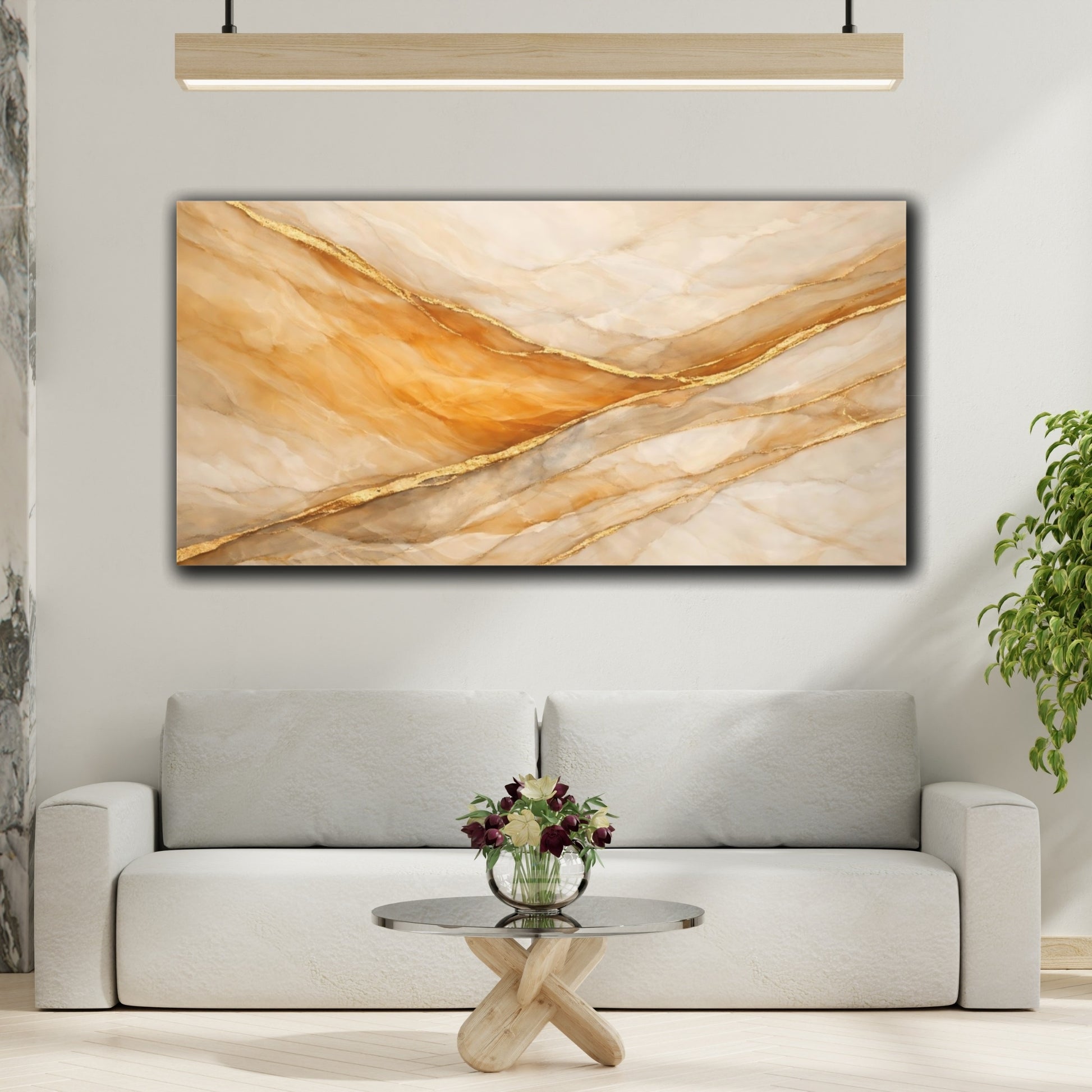 Mockup 3. Abstract Onyx Pattern Gold And Cream shown as stretched canvas wall art
