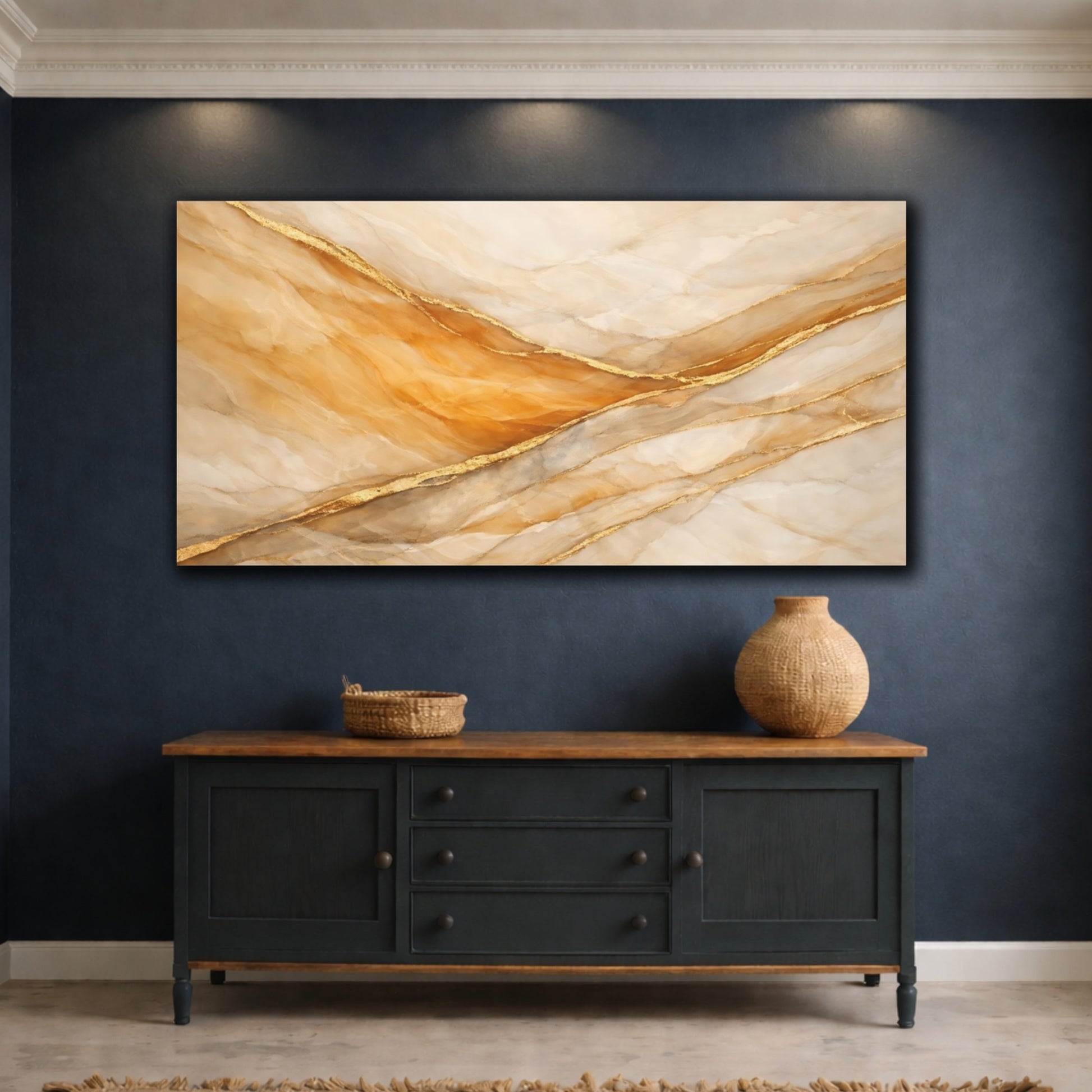 Mockup 4. Abstract Onyx Pattern Gold And Cream shown as stretched canvas wall art