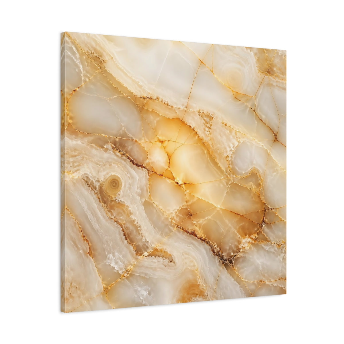 Side Mockup 3. Abstract Onyx Texture Gold And White Onyx shown as stretched canvas wall art