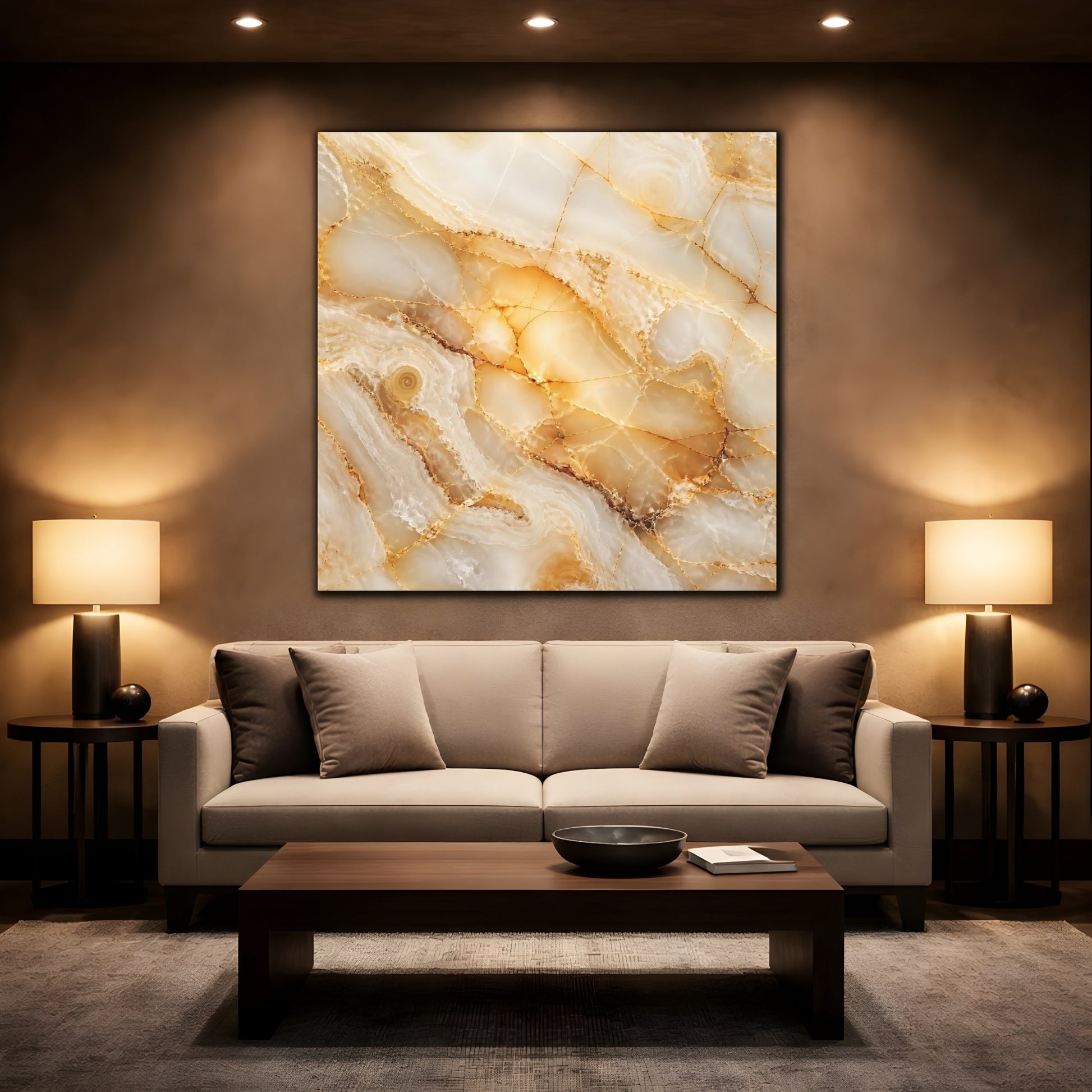 Mockup 2. Abstract Onyx Texture Gold And White Onyx shown as stretched canvas wall art