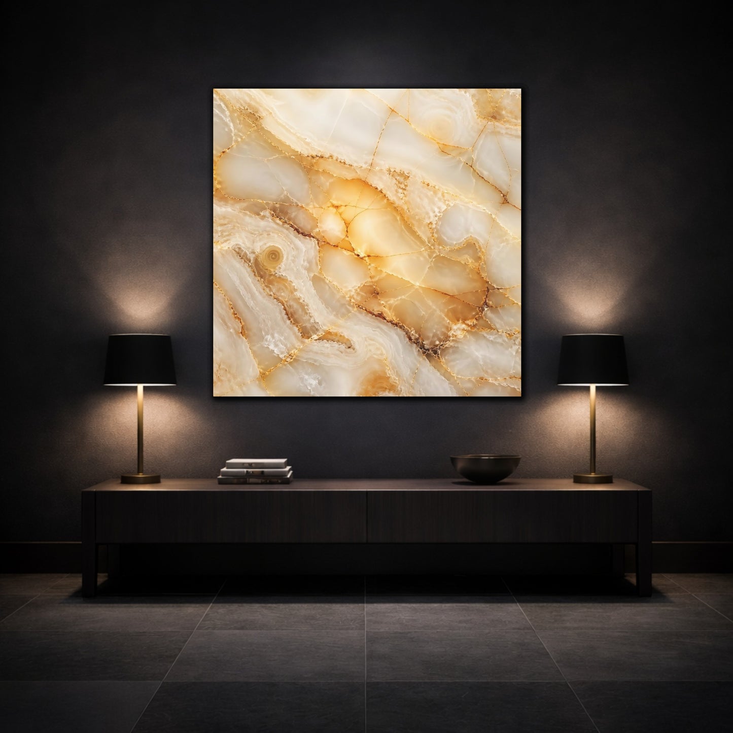 Mockup 3. Abstract Onyx Texture Gold And White Onyx shown as stretched canvas wall art