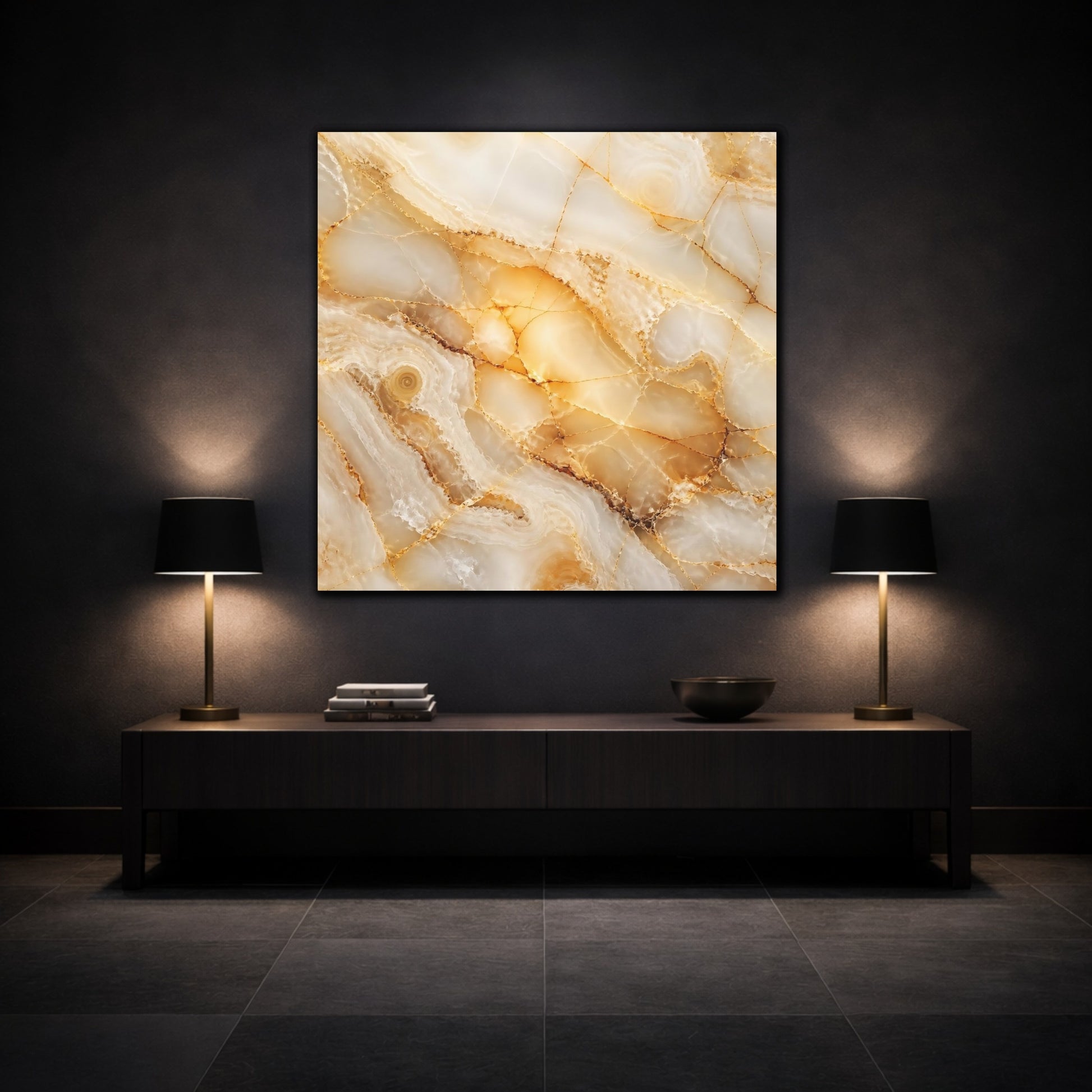 Mockup 3. Abstract Onyx Texture Gold And White Onyx shown as stretched canvas wall art