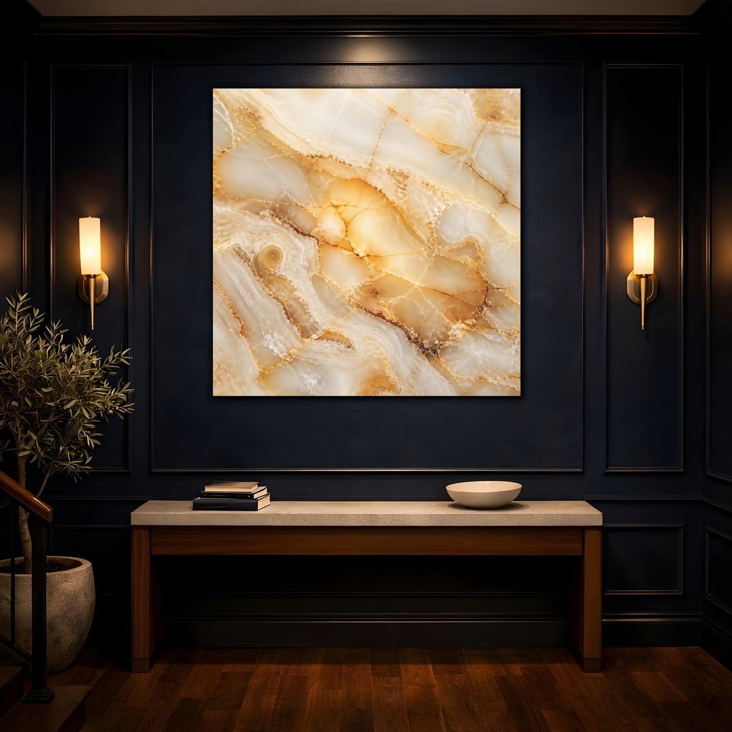 Mockup 4. Abstract Onyx Texture Gold And White Onyx shown as stretched canvas wall art
