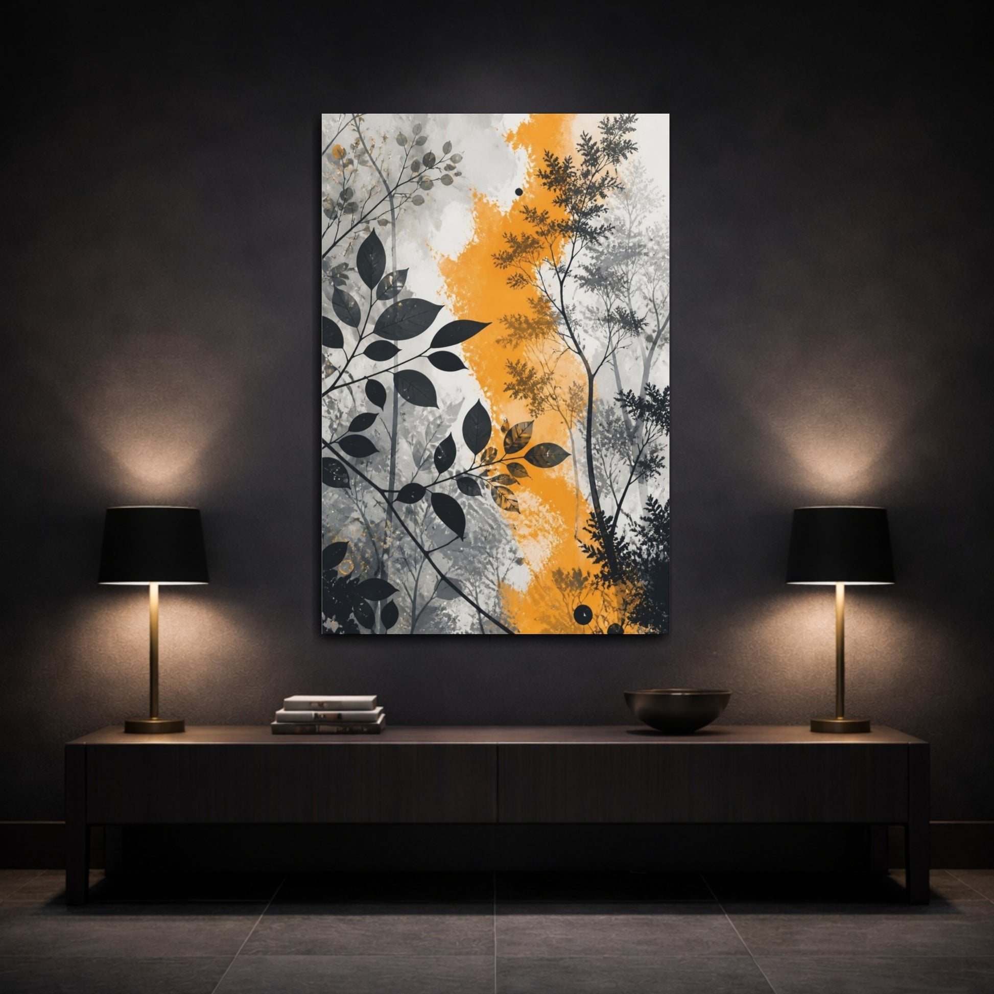 Mockup 3. Abstract Orange Foliage shown as canvas print