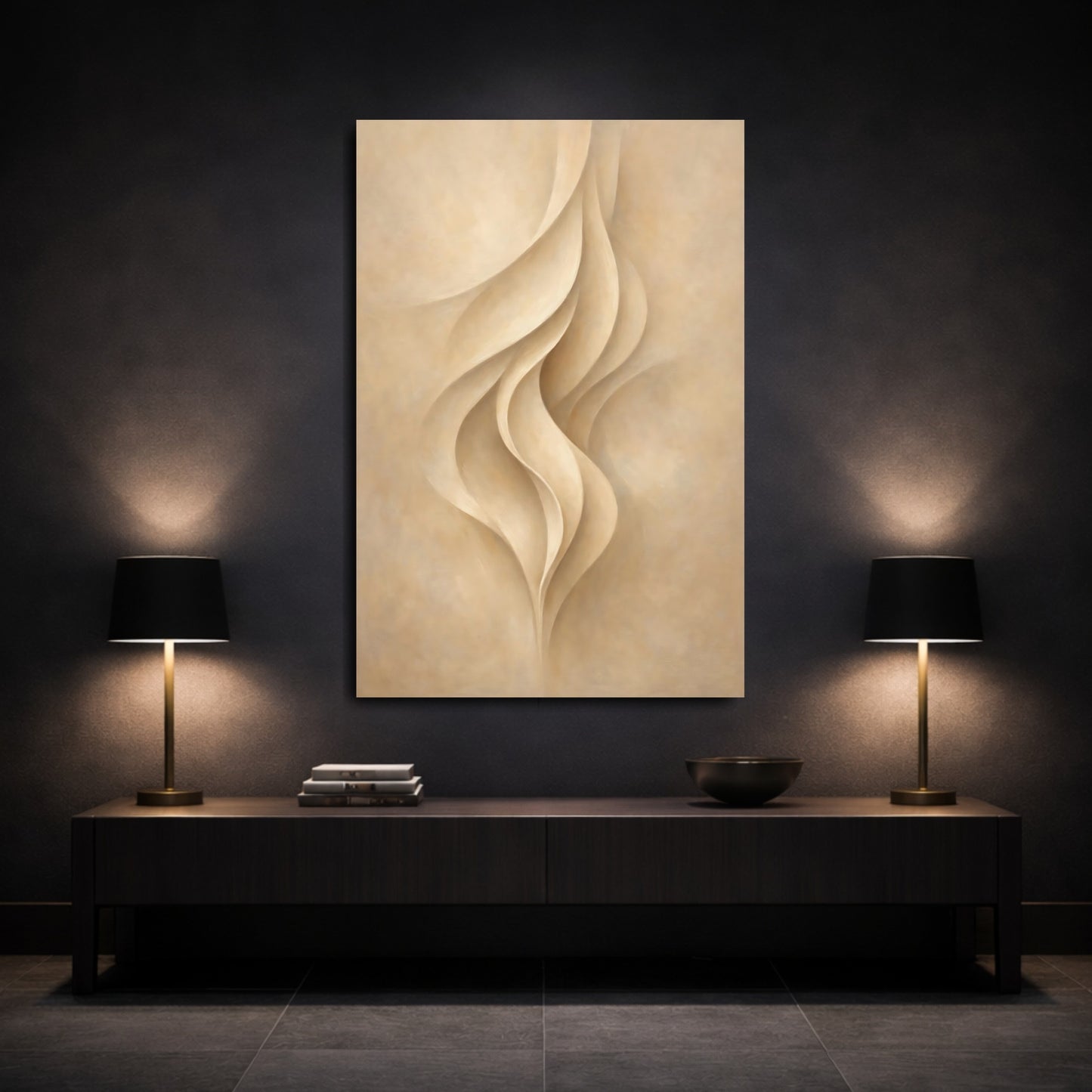 Mockup 2. Abstract Organic Curves Beige Abstract Curves shown as stretched canvas wall art