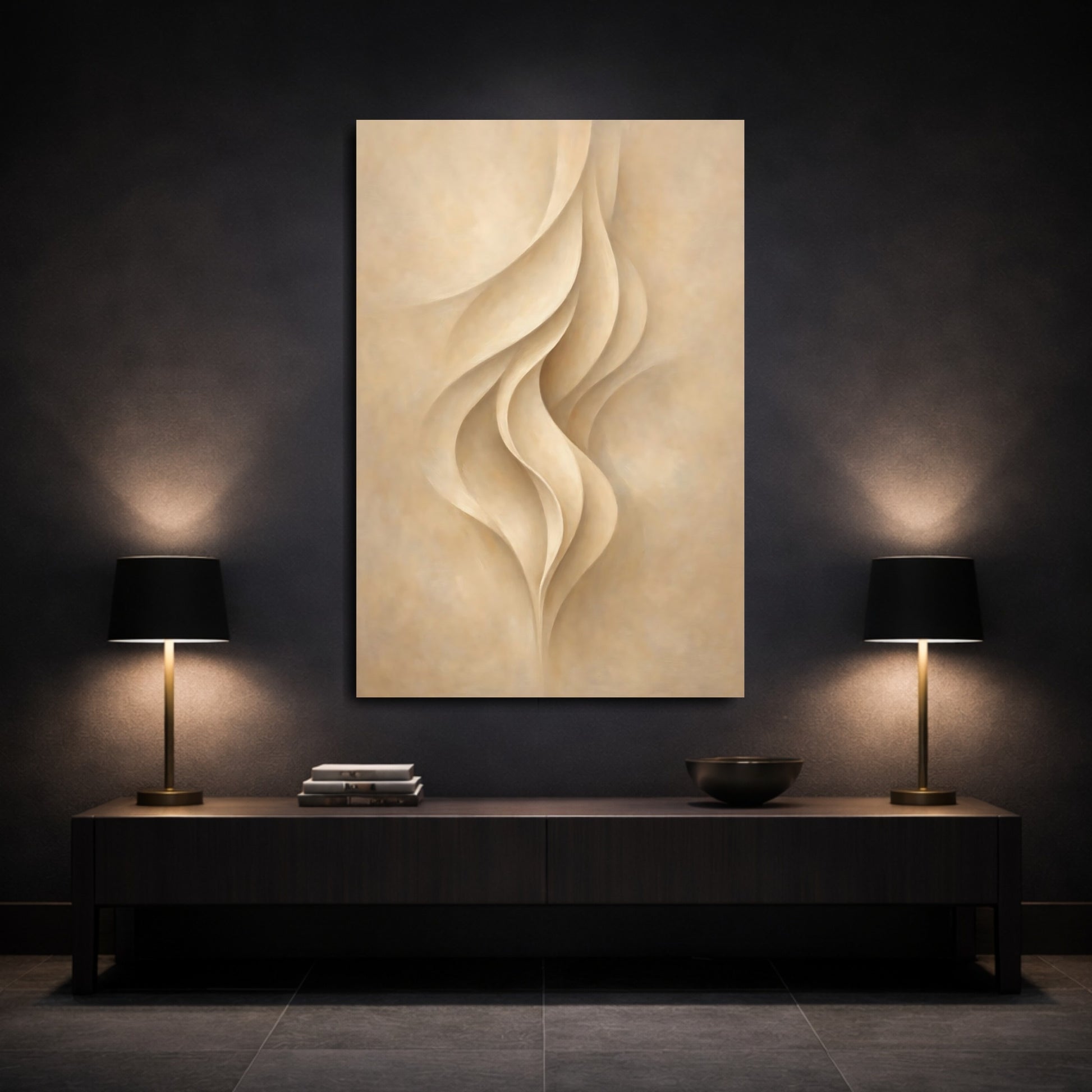 Mockup 2. Abstract Organic Curves Beige Abstract Curves shown as stretched canvas wall art
