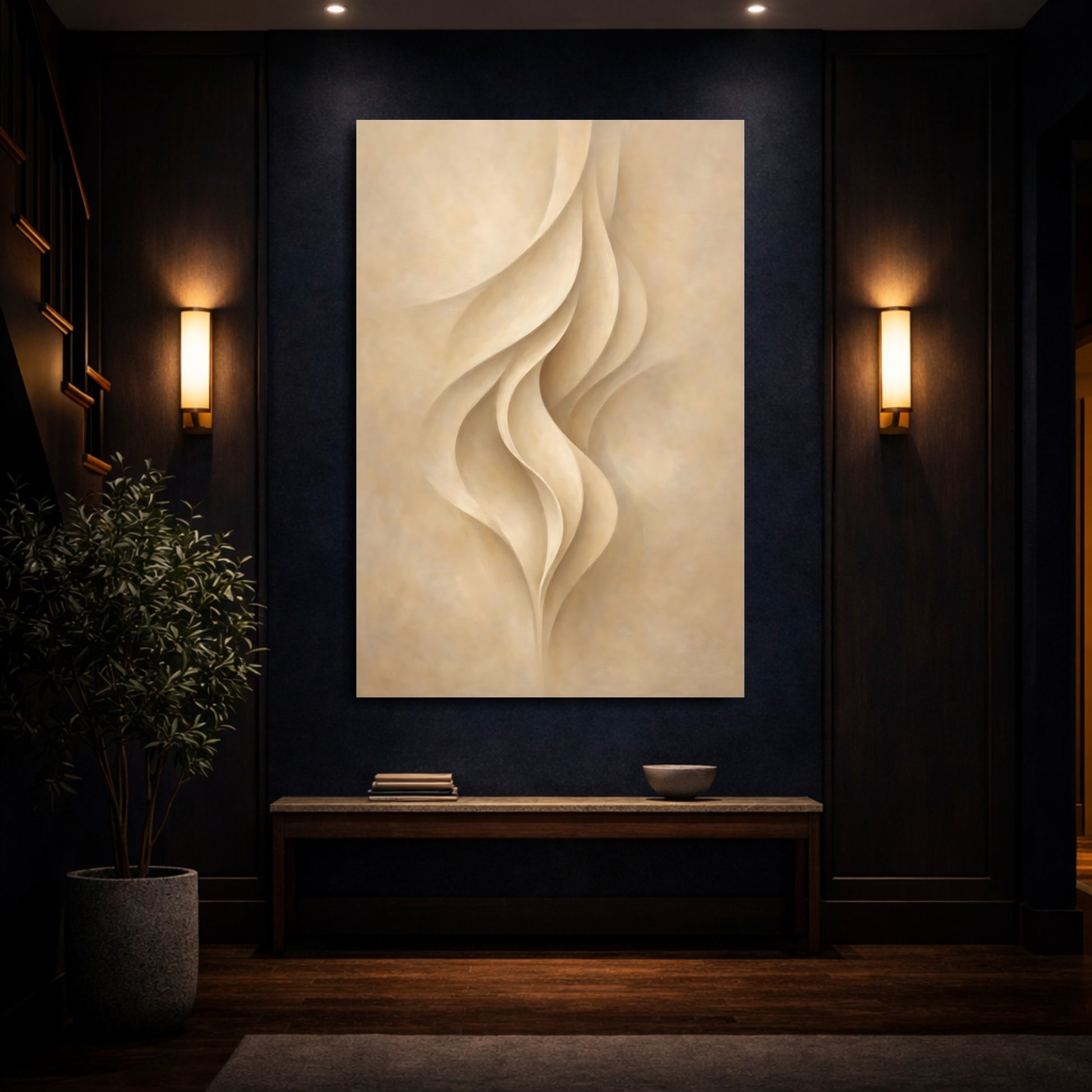 Mockup 3. Abstract Organic Curves Beige Abstract Curves shown as stretched canvas wall art