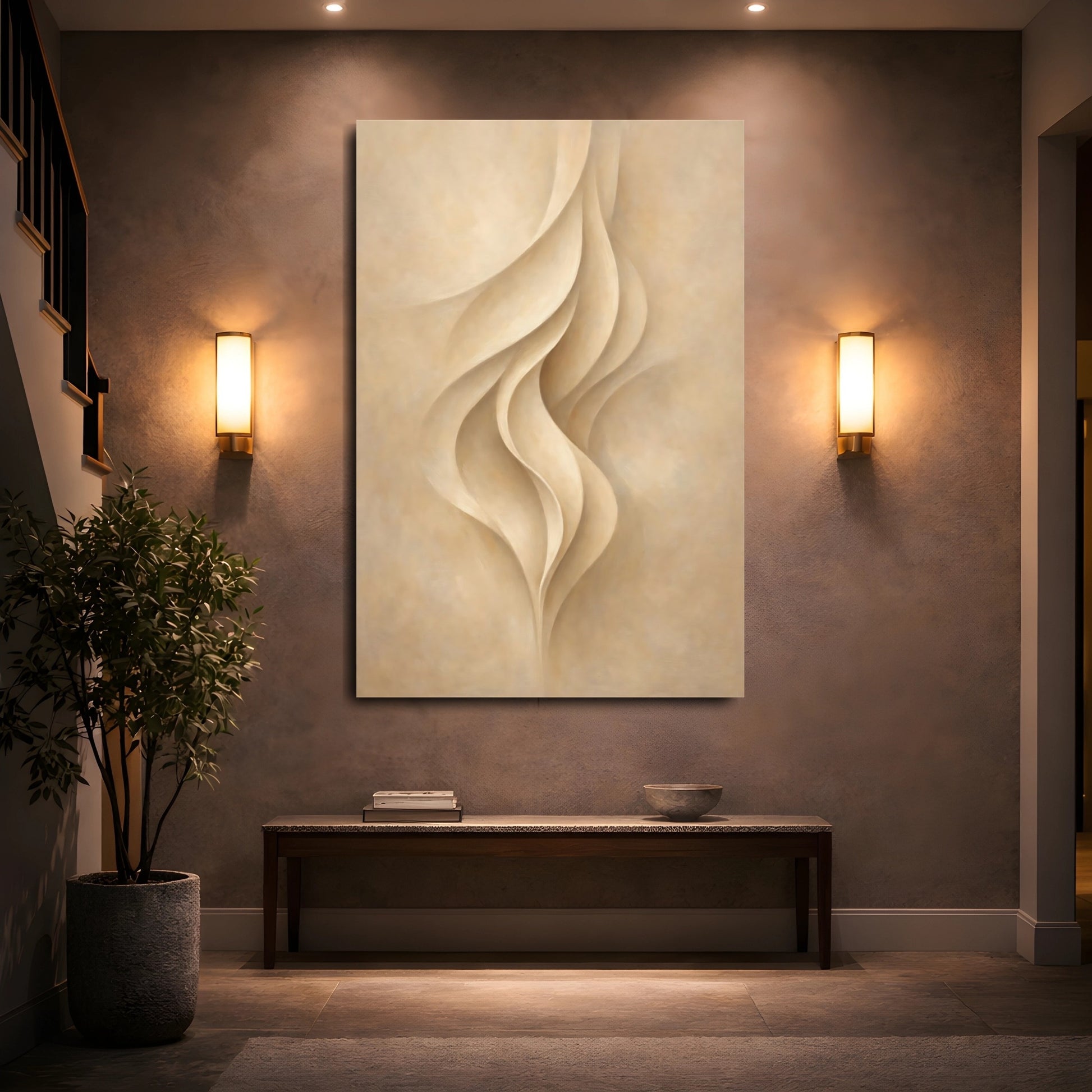 Mockup 4. Abstract Organic Curves Beige Abstract Curves shown as stretched canvas wall art