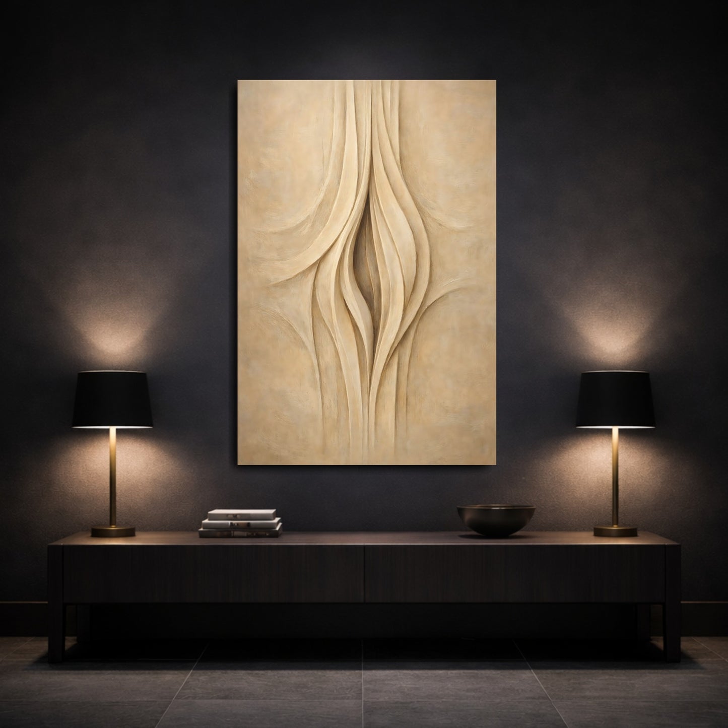Mockup 2. Abstract Organic Curves Beige And Cream Abstract shown as stretched canvas wall art