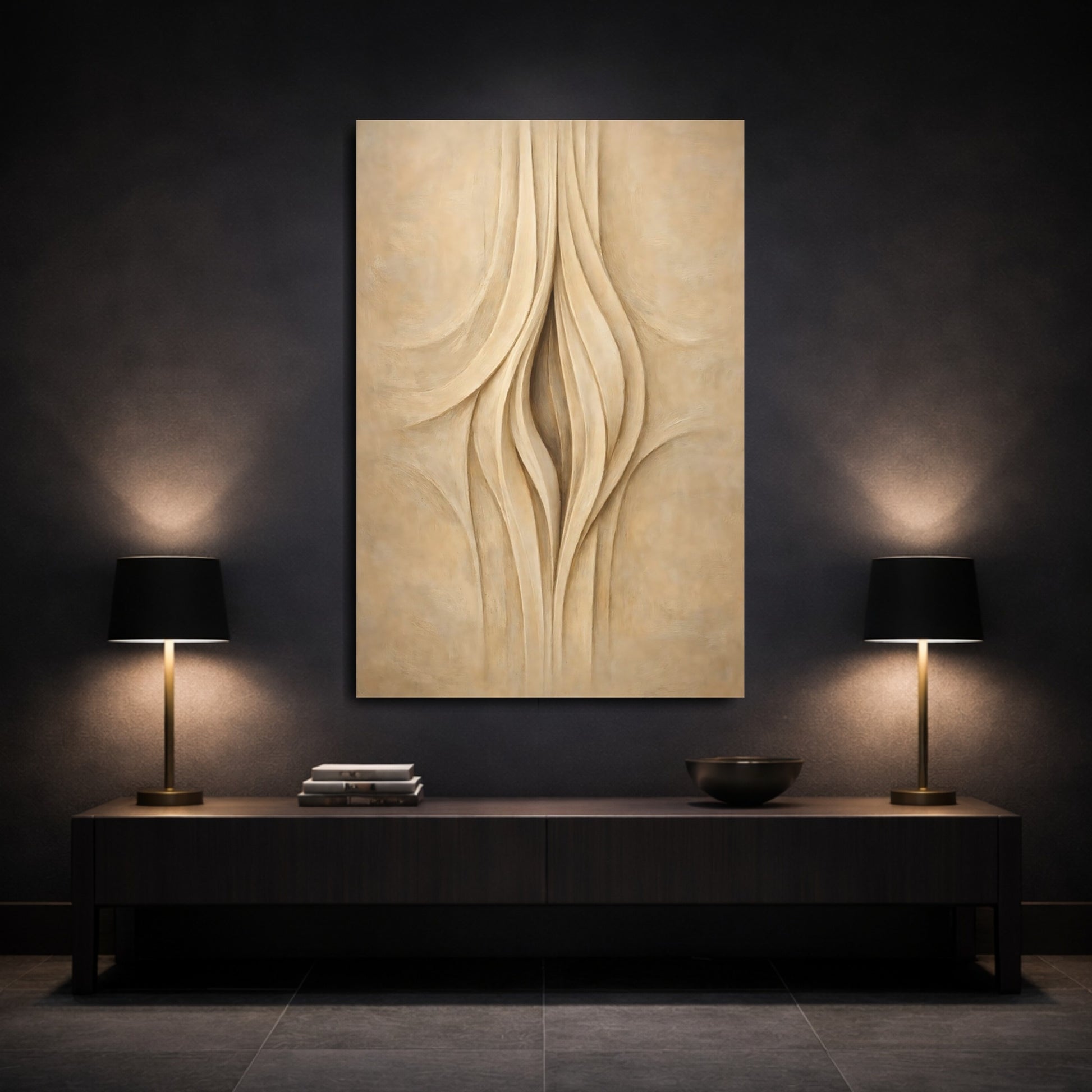 Mockup 2. Abstract Organic Curves Beige And Cream Abstract shown as stretched canvas wall art