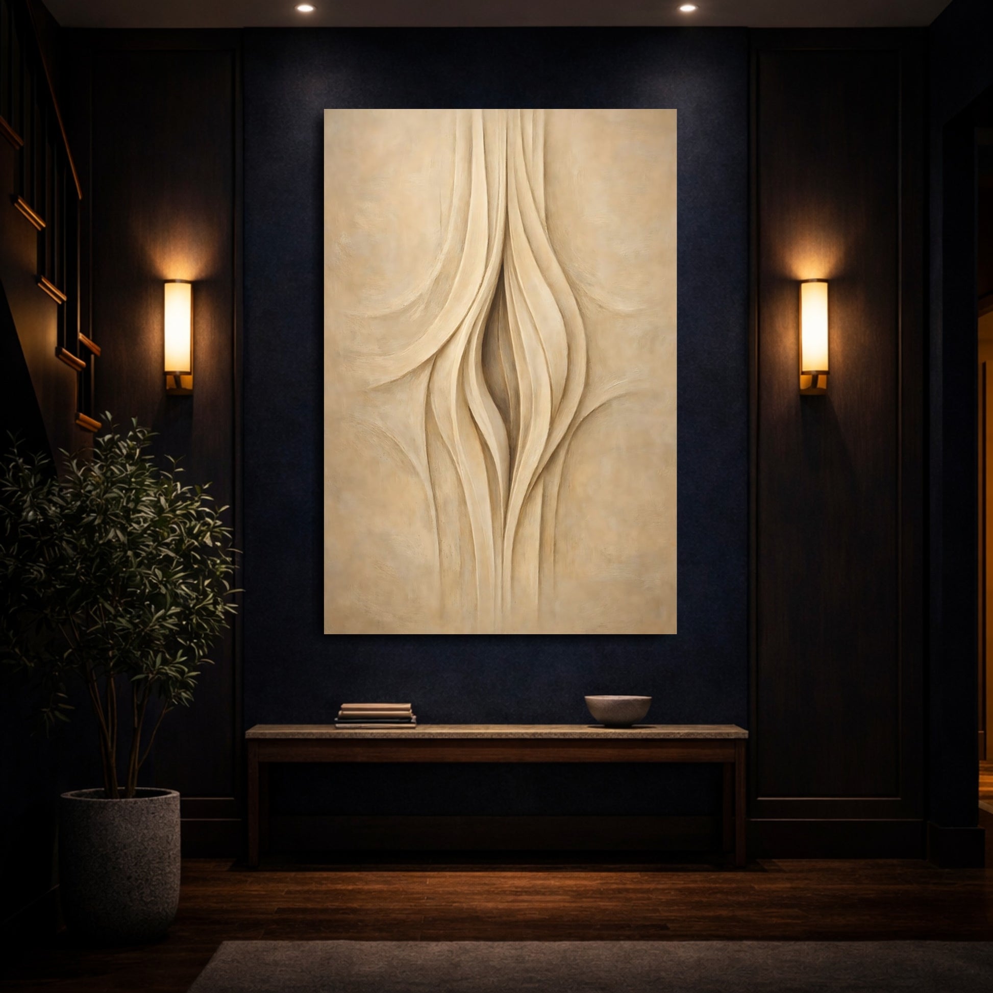 Mockup 3. Abstract Organic Curves Beige And Cream Abstract shown as stretched canvas wall art