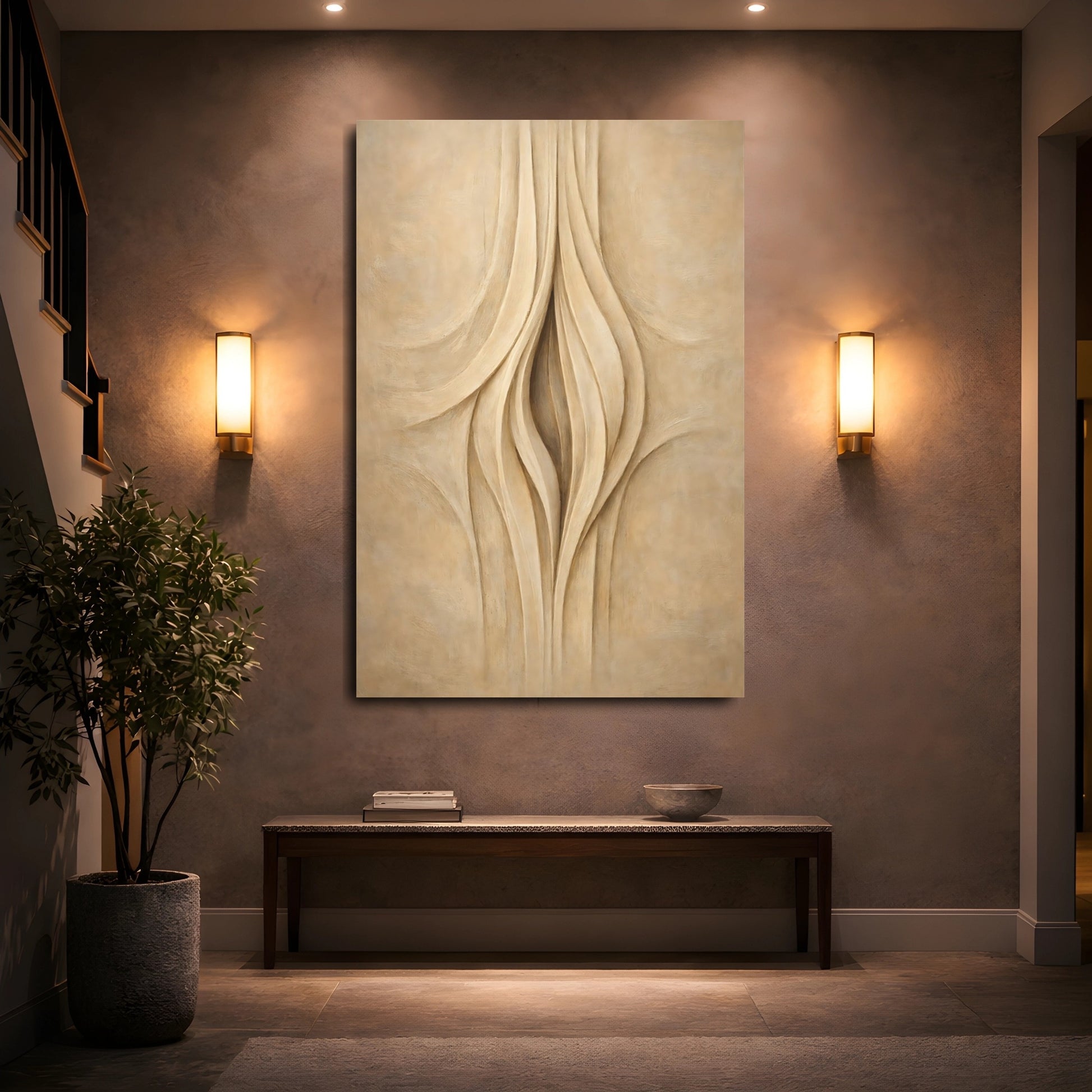 Mockup 4. Abstract Organic Curves Beige And Cream Abstract shown as stretched canvas wall art