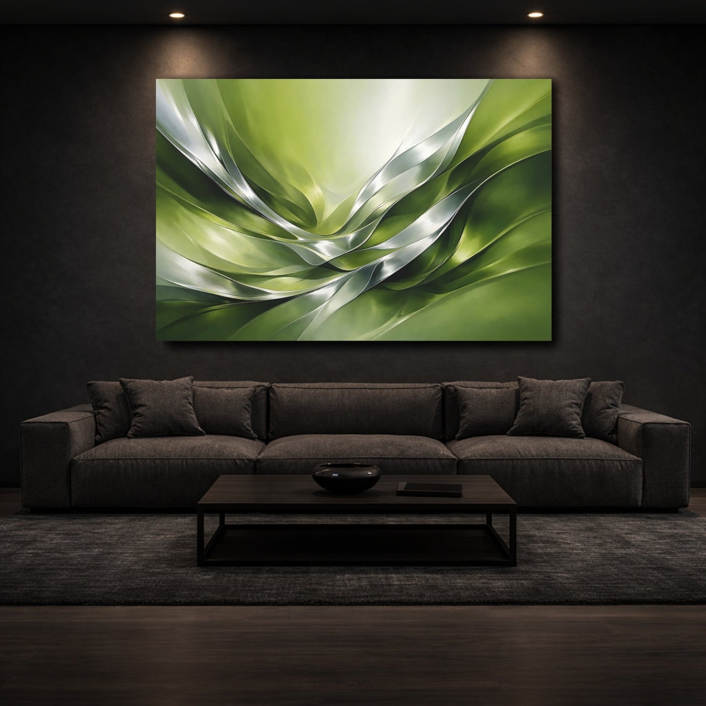 Mockup 2. Abstract Organic Flow Green Silver Abstract shown as stretched canvas wall art