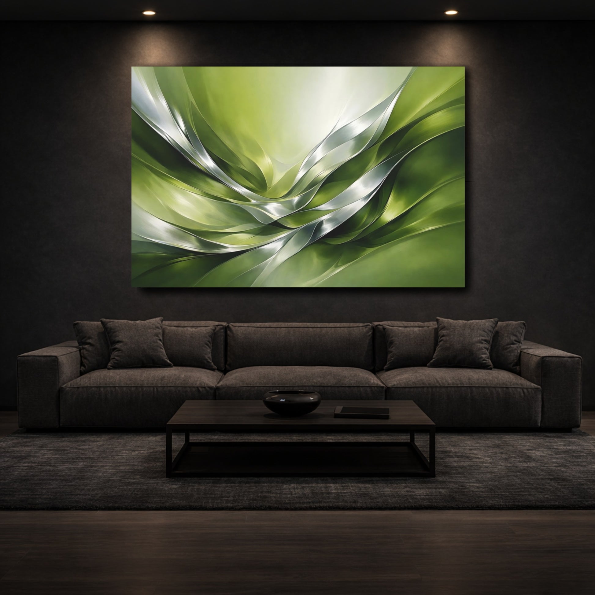 Mockup 2. Abstract Organic Flow Green Silver Abstract shown as stretched canvas wall art