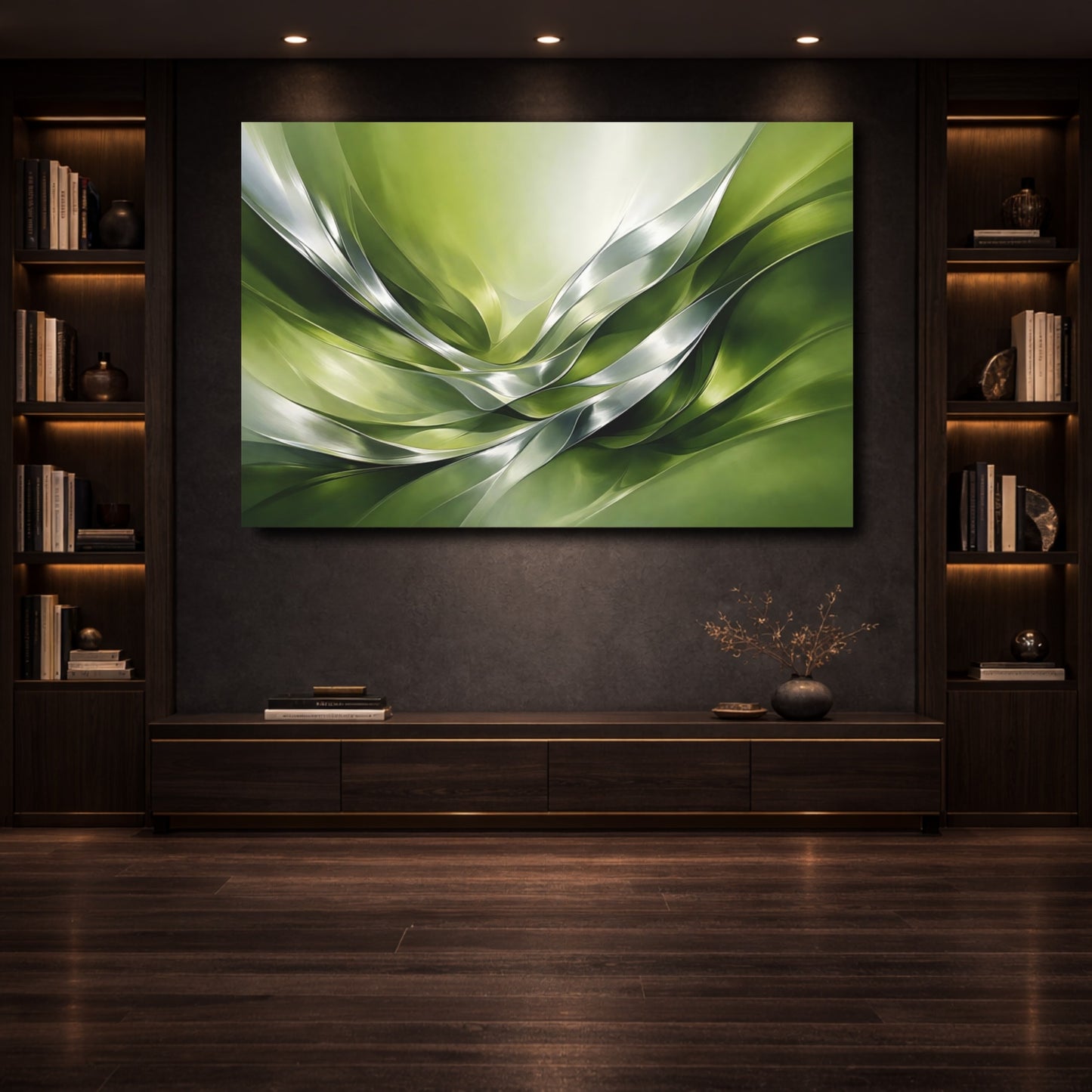 Mockup 3. Abstract Organic Flow Green Silver Abstract shown as stretched canvas wall art