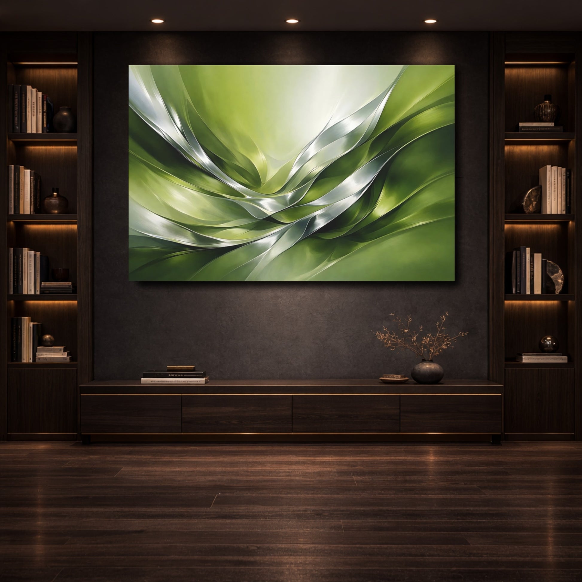 Mockup 3. Abstract Organic Flow Green Silver Abstract shown as stretched canvas wall art