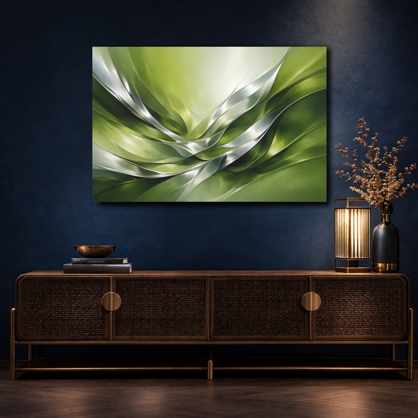 Mockup 4. Abstract Organic Flow Green Silver Abstract shown as stretched canvas wall art
