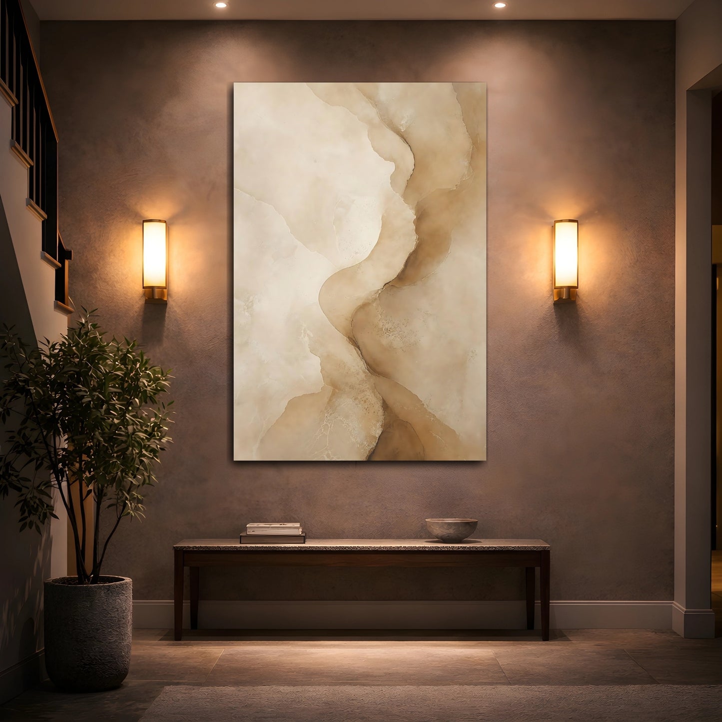 Mockup 2. Abstract Organic Forms Beige Brown Abstract shown as stretched canvas wall art