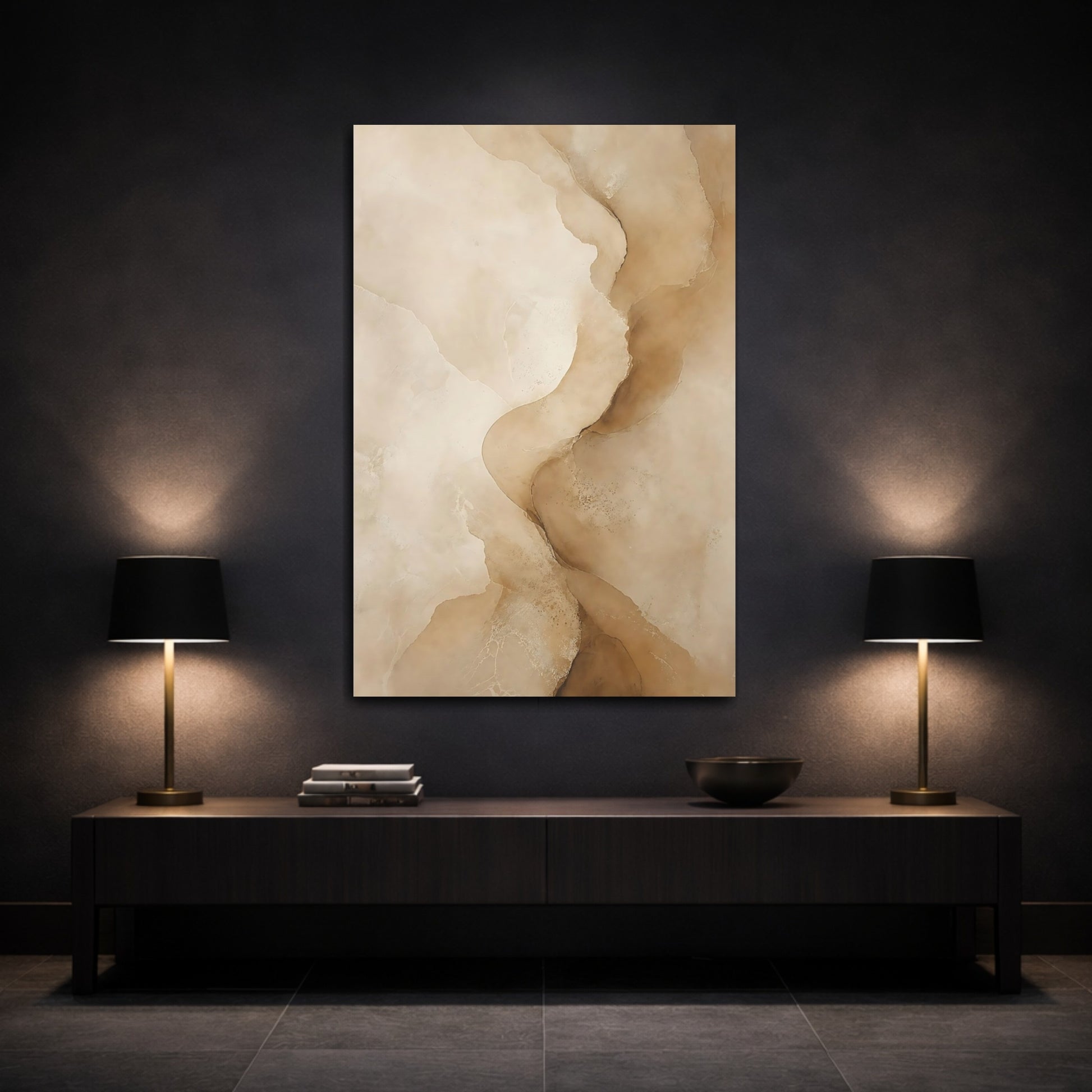 Mockup 3. Abstract Organic Forms Beige Brown Abstract shown as stretched canvas wall art