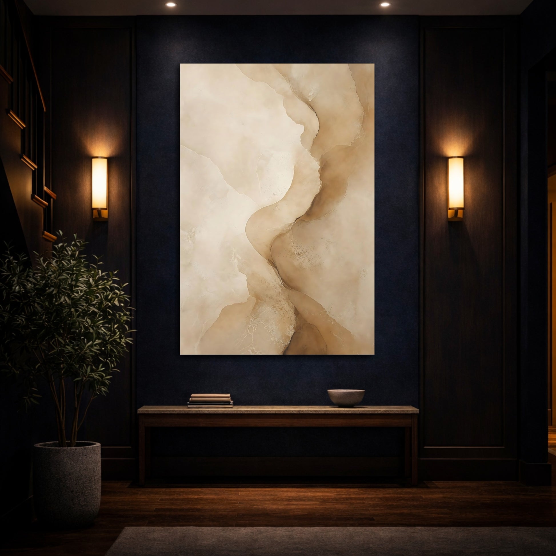 Mockup 4. Abstract Organic Forms Beige Brown Abstract shown as stretched canvas wall art