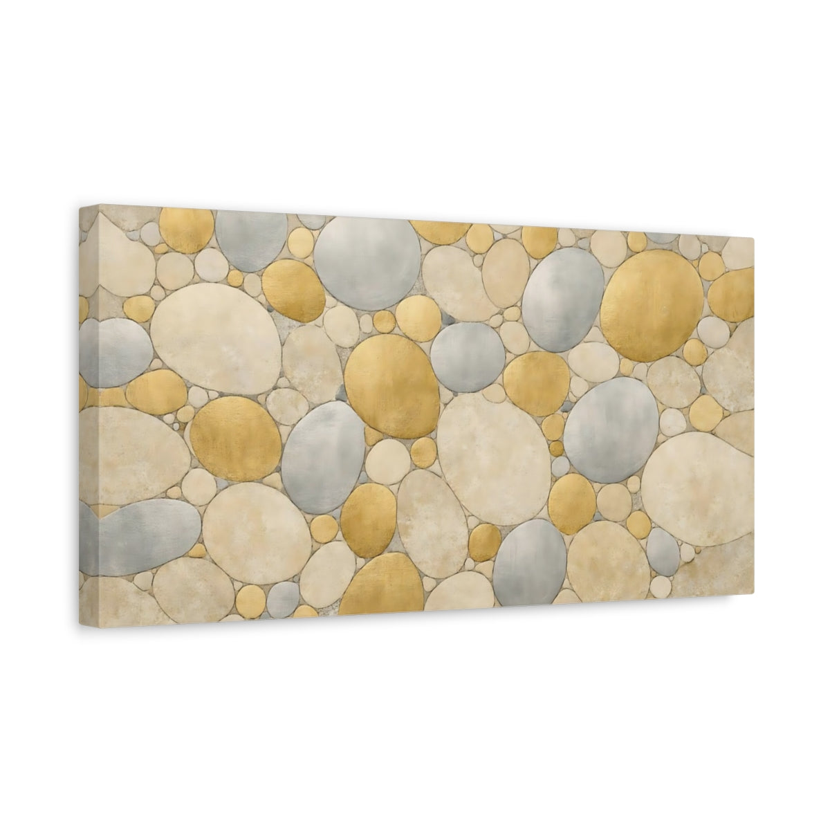 Side Mockup 3. Abstract Pebbles Gold Silver Pebbles shown as stretched canvas wall art