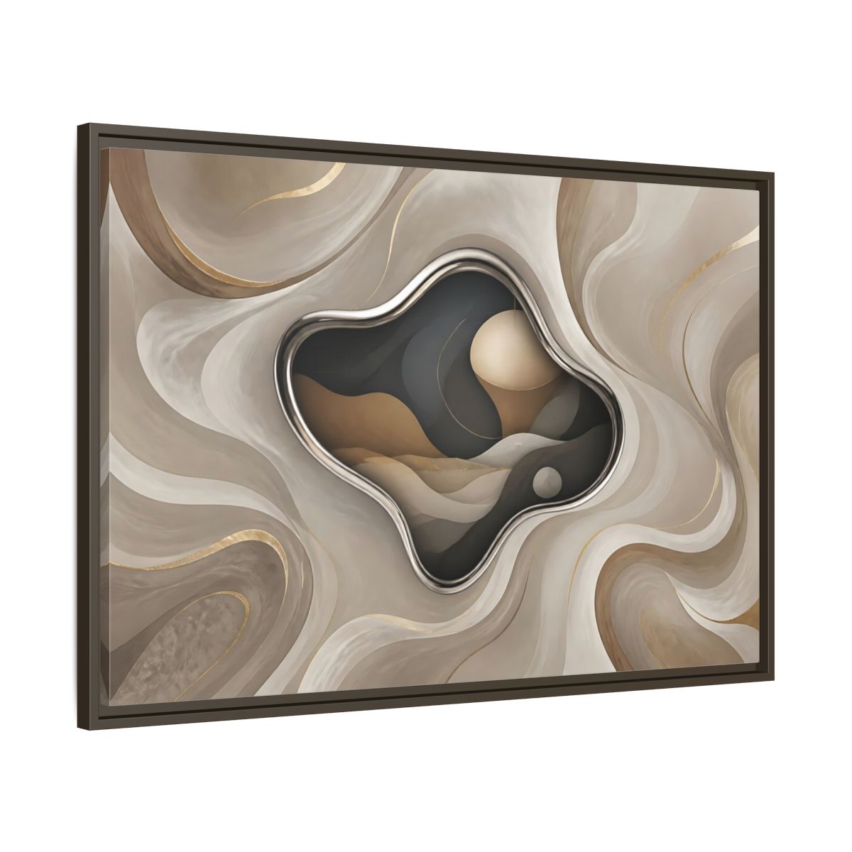 Main Mockup. Abstract Organic Shapes Abstract Metallic Curves shown as framed canvas print