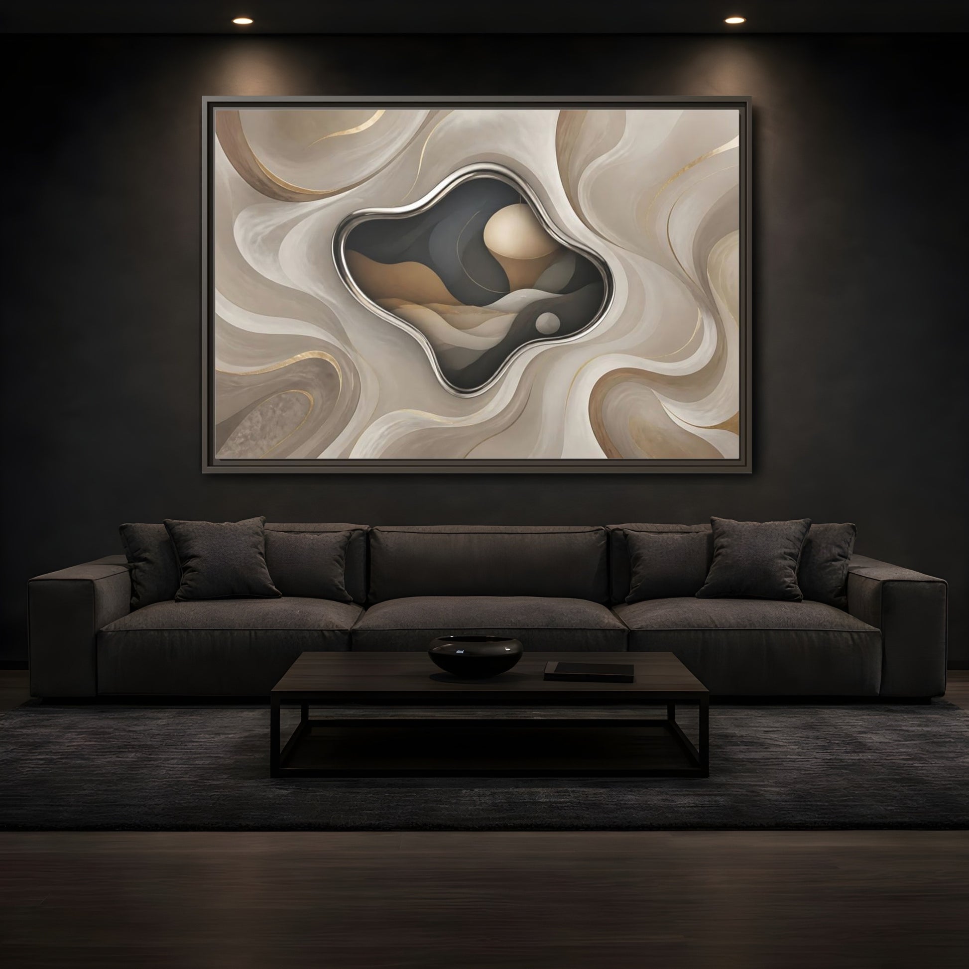 Mockup 3. Abstract Organic Shapes Abstract Metallic Curves shown as framed canvas print
