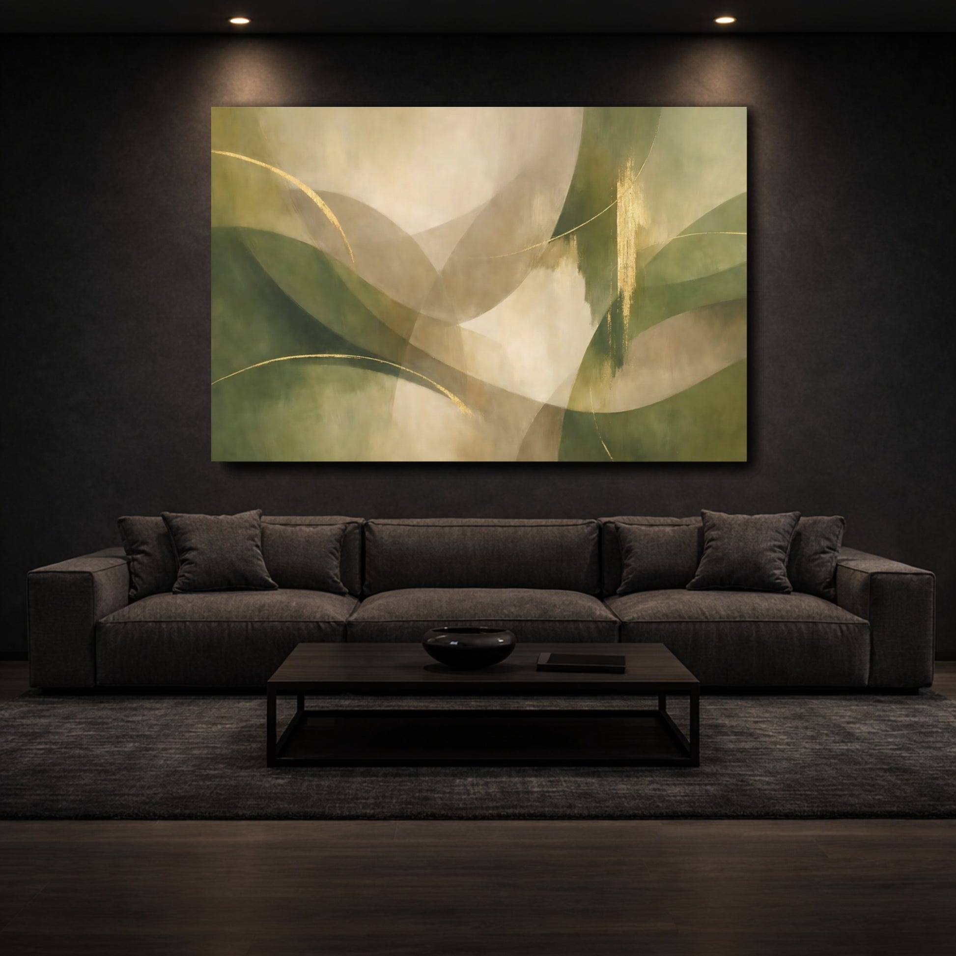 Mockup 2. Abstract Organic Shapes Green Gold Abstract shown as stretched canvas wall art