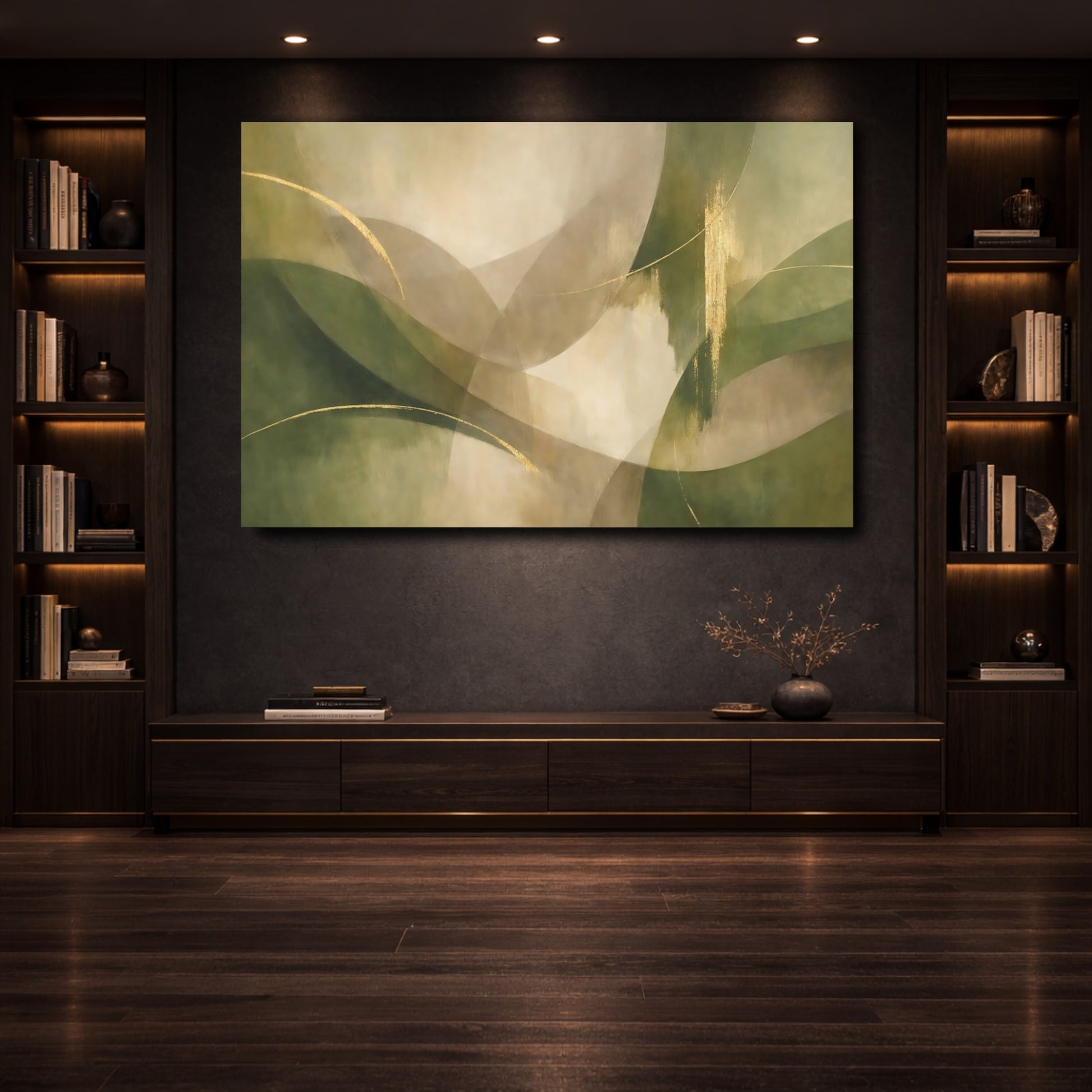 Mockup 3. Abstract Organic Shapes Green Gold Abstract shown as stretched canvas wall art