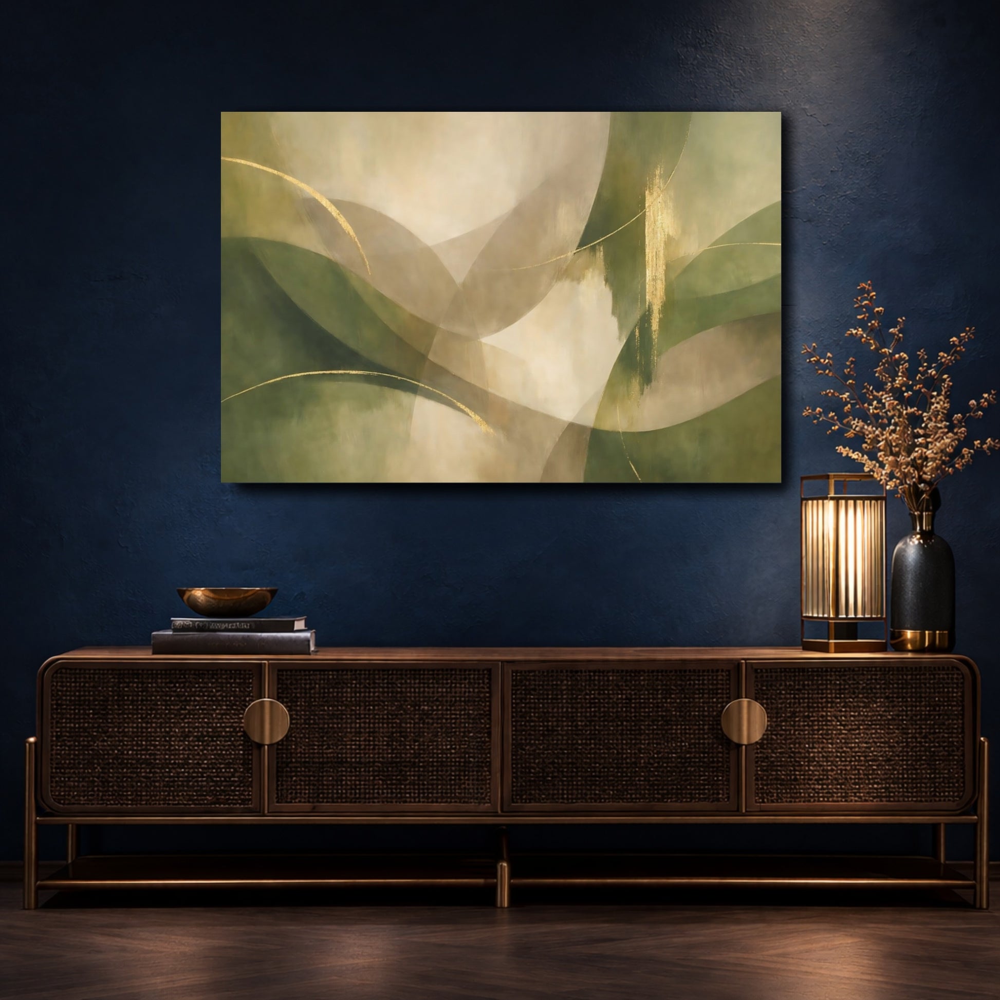Mockup 4. Abstract Organic Shapes Green Gold Abstract shown as stretched canvas wall art