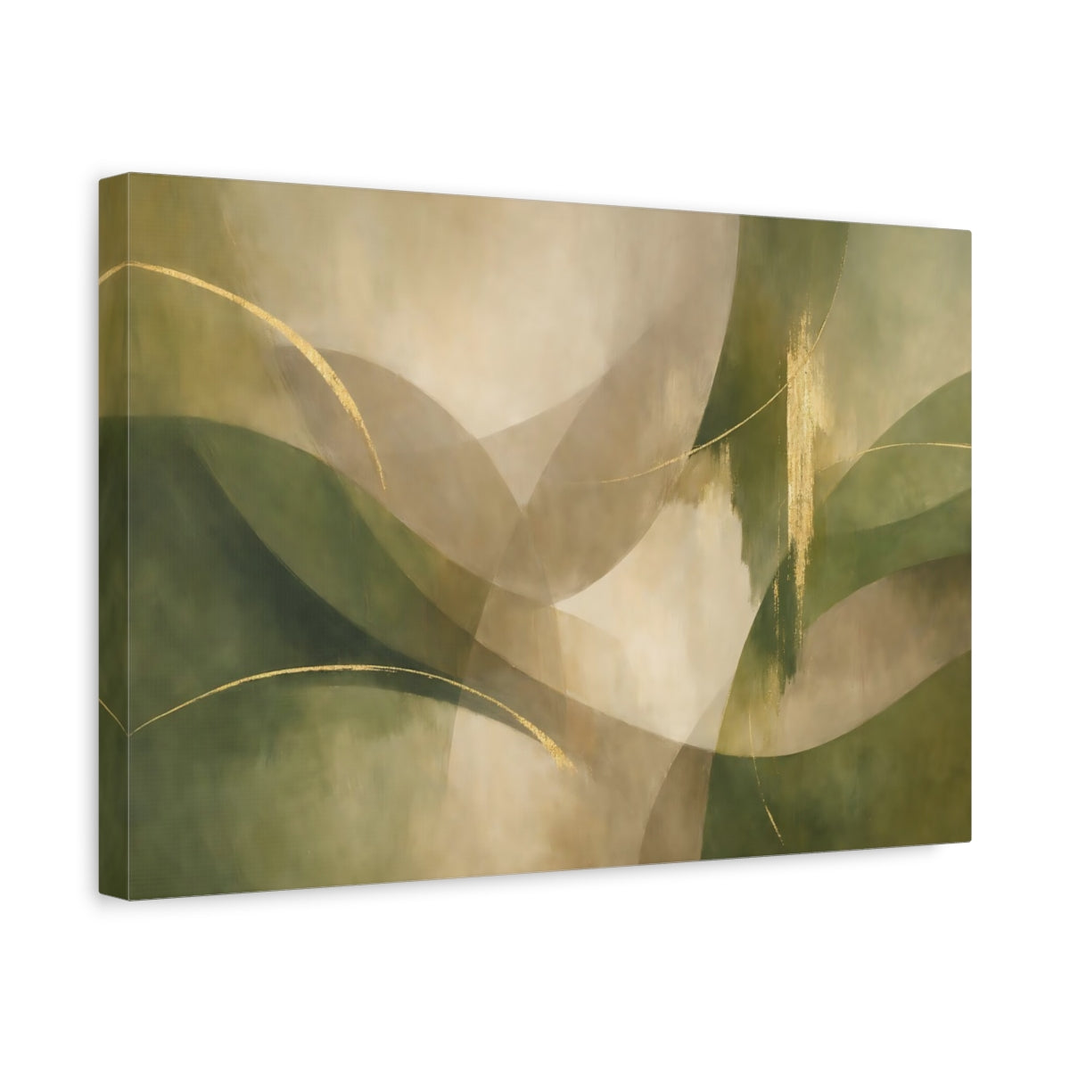 Side Mockup 4. Abstract Organic Shapes Green Gold Abstract shown as stretched canvas wall art