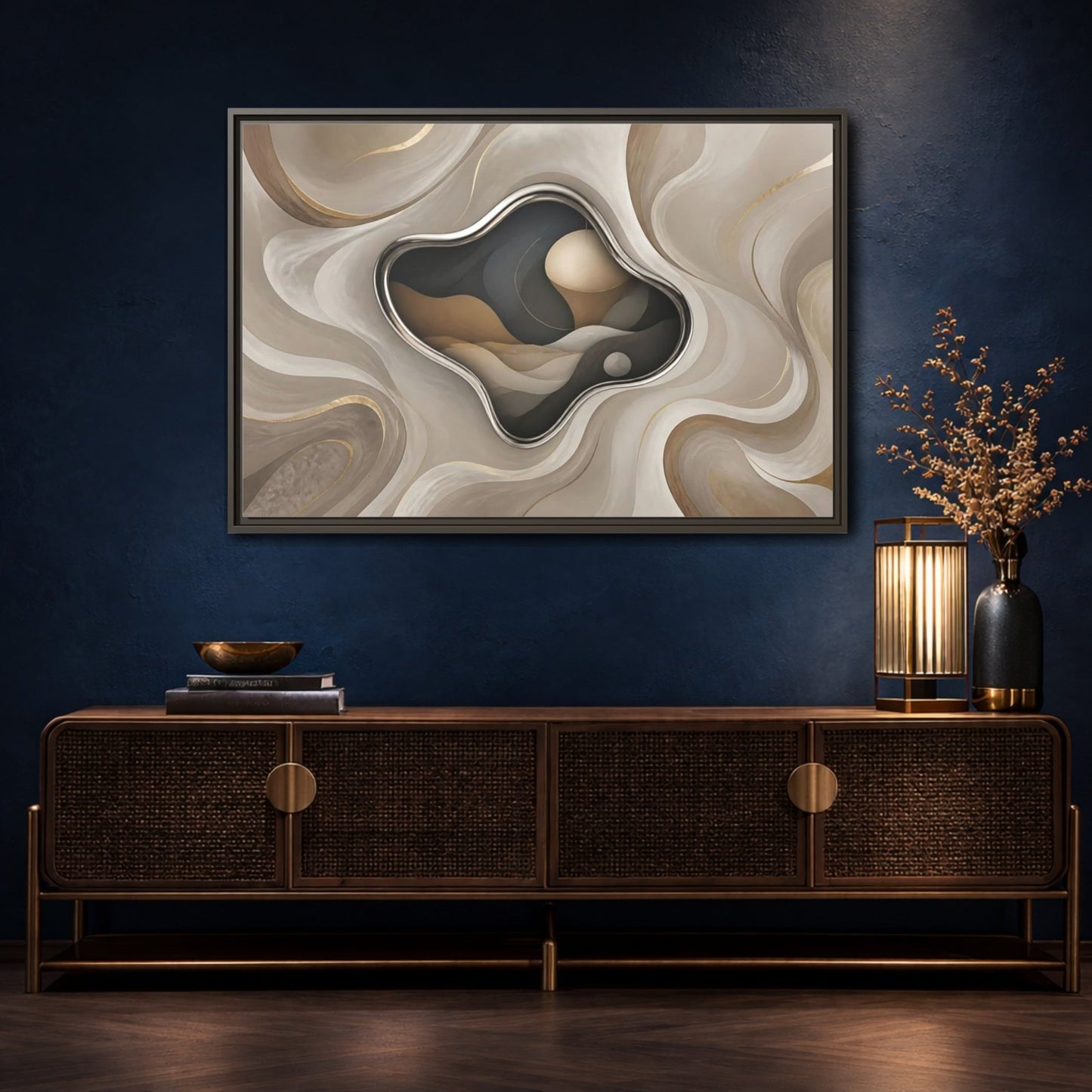 Abstract Organic Shapes Metallic Curves Framed Canvas Print – Modern Living Room, Large Wall - YesArtYes