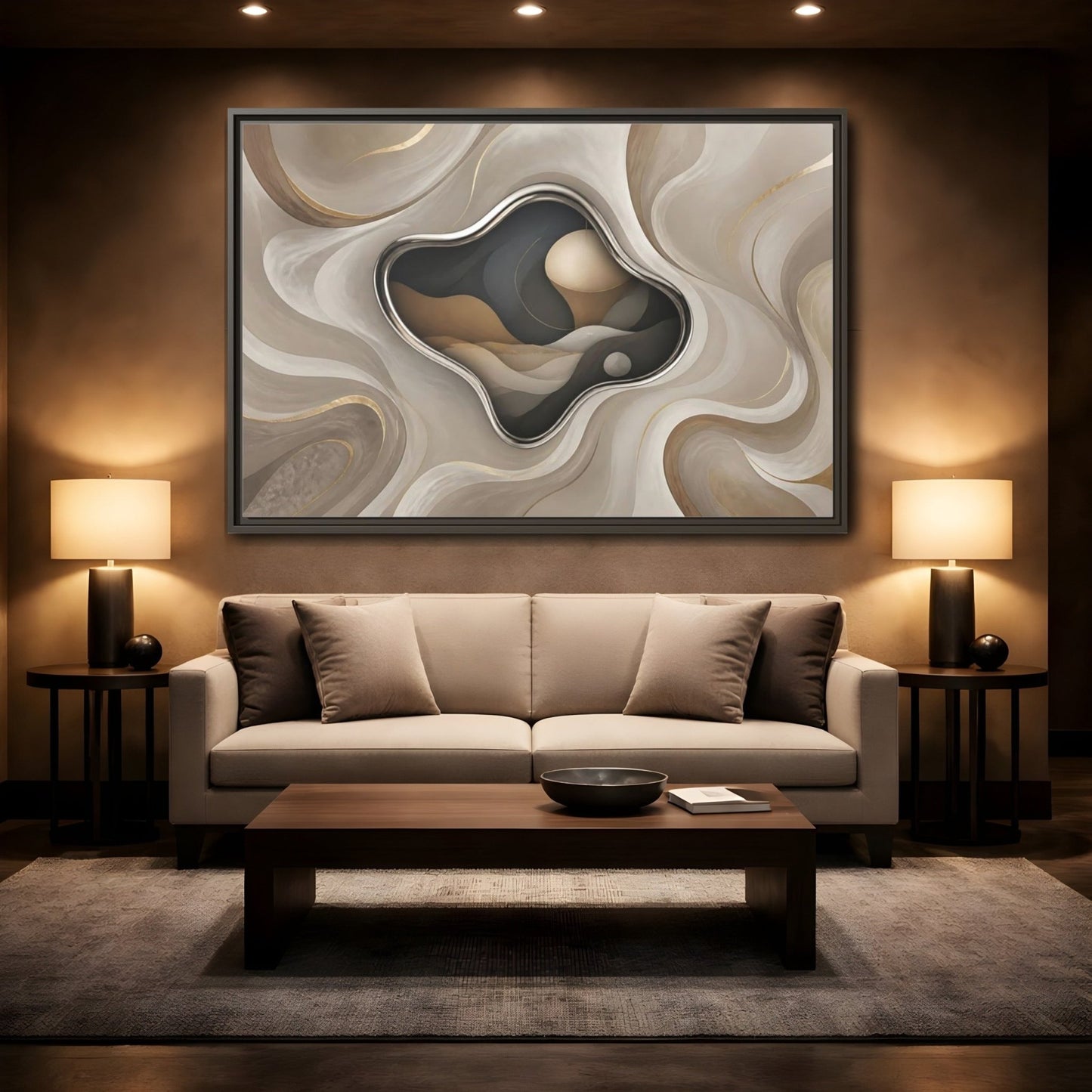 Abstract Organic Shapes Metallic Curves Framed Canvas Print – Modern Living Room, Large Wall - YesArtYes