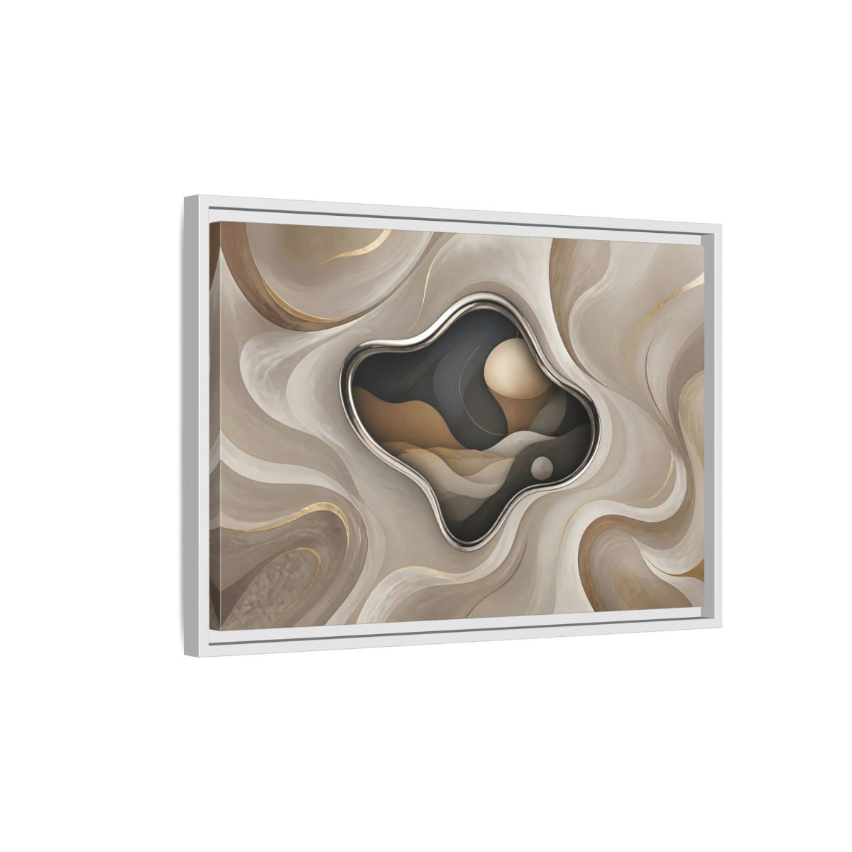 Side Mockup 1. Abstract Organic Shapes Abstract Metallic Curves shown as framed canvas print