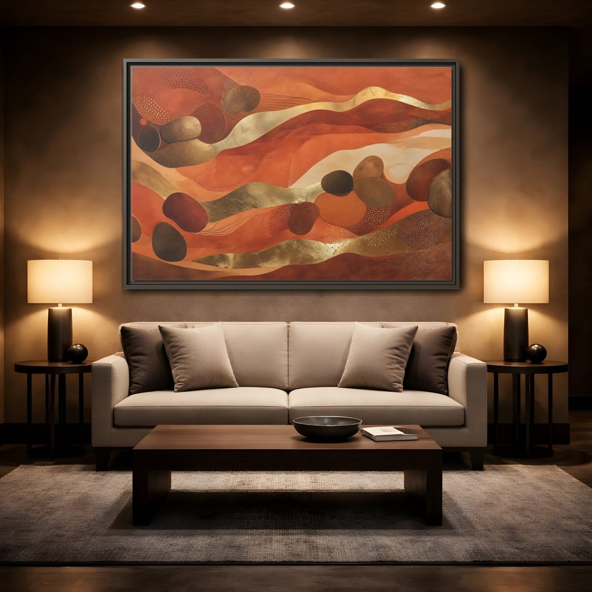 Abstract Organic Shapes Terracotta Gold Framed Canvas Print – Living Room, Above Couch - YesArtYes