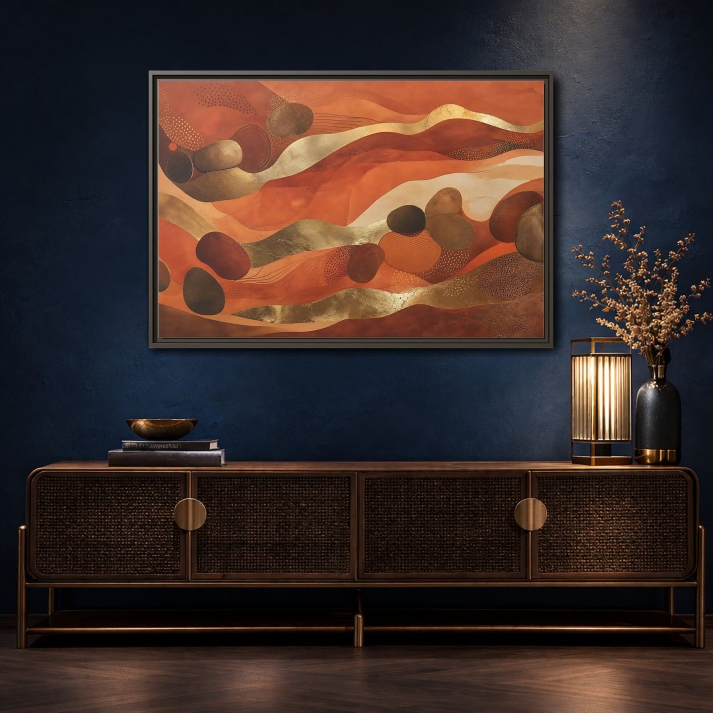 Abstract Organic Shapes Terracotta Gold Framed Canvas Print – Living Room, Above Couch - YesArtYes