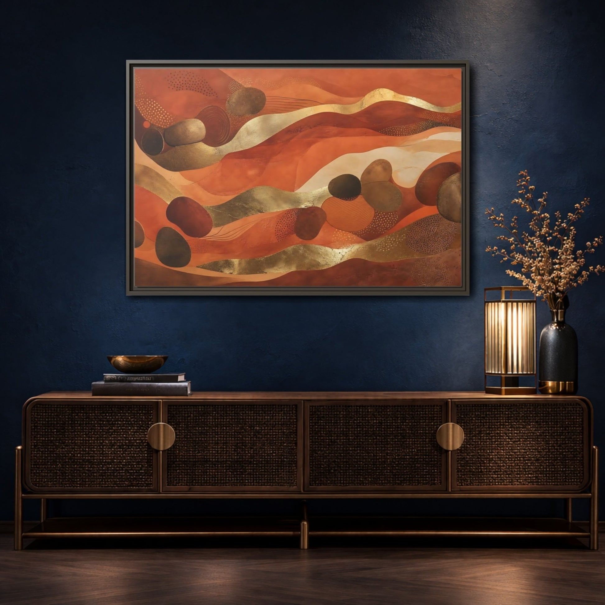 Abstract Organic Shapes Terracotta Gold Framed Canvas Print – Living Room, Above Couch - YesArtYes