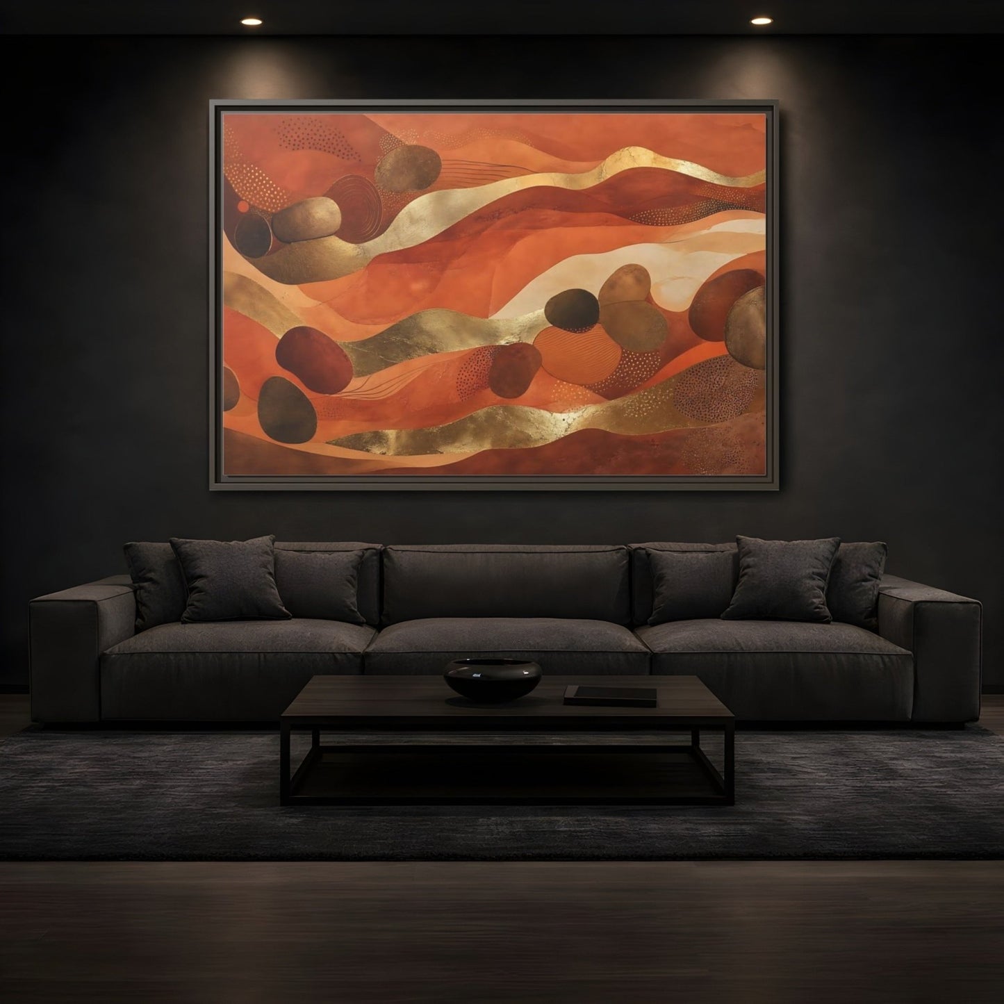 Abstract Organic Shapes Terracotta Gold Framed Canvas Print – Living Room, Above Couch - YesArtYes