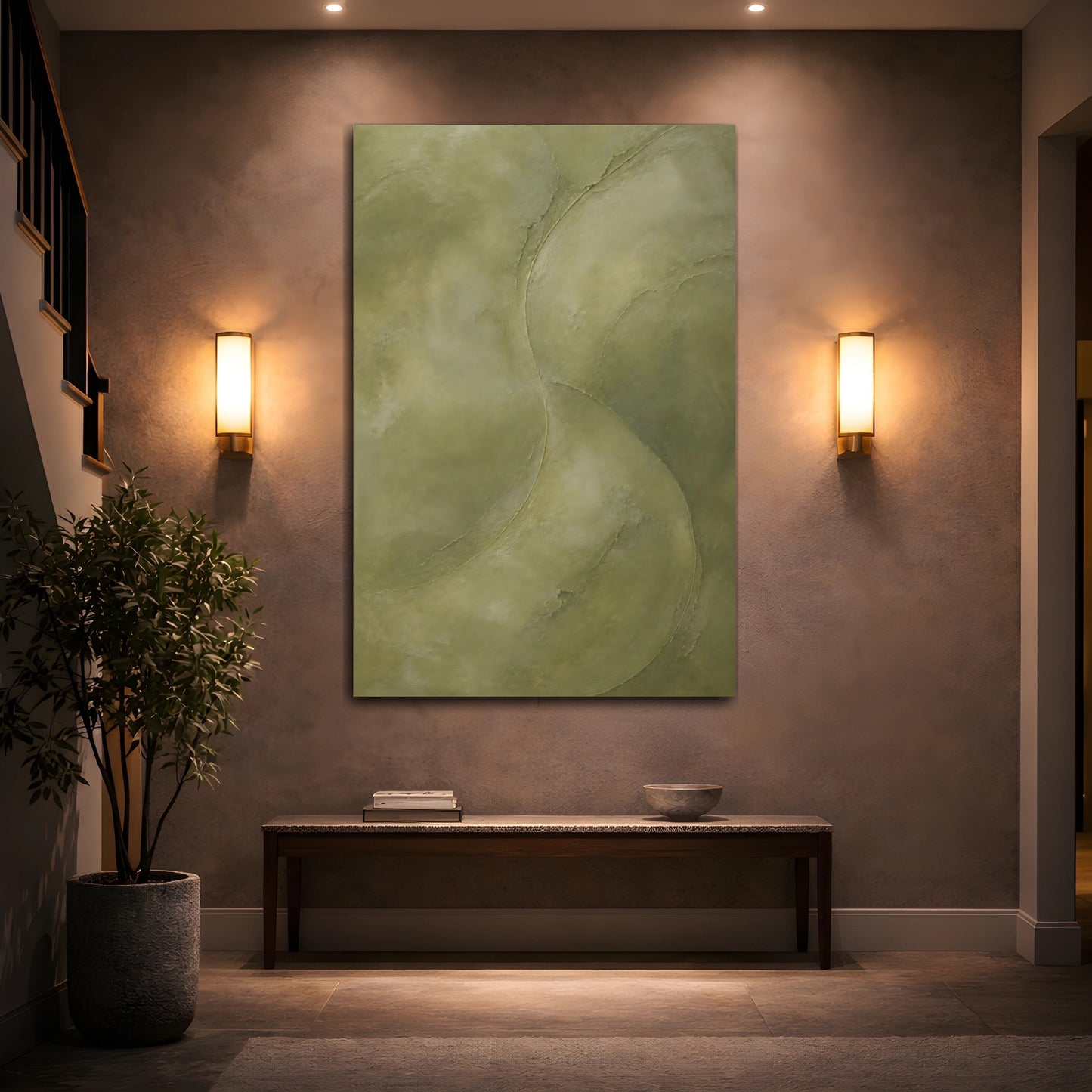 Mockup 2. Abstract Organic Texture Olive Green Abstract shown as stretched canvas wall art