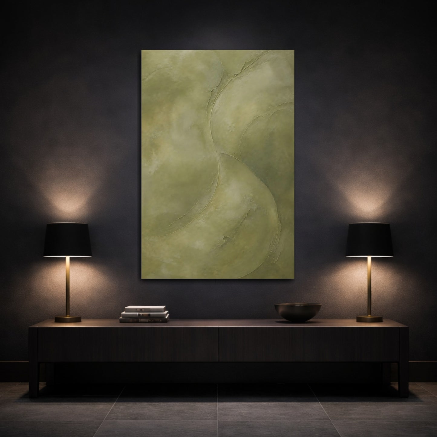 Mockup 3. Abstract Organic Texture Olive Green Abstract shown as stretched canvas wall art