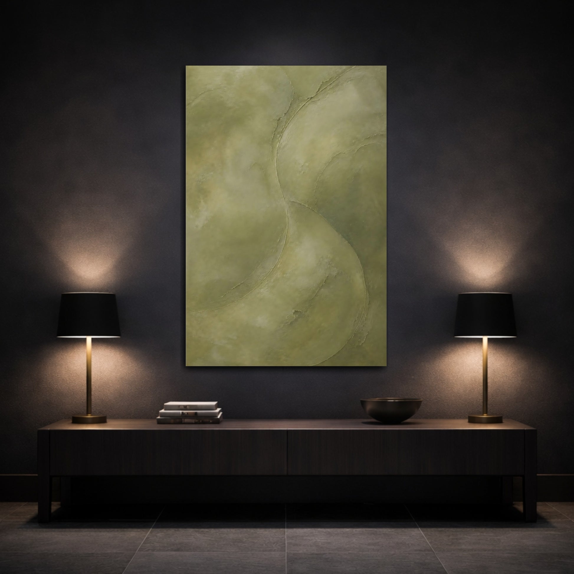 Mockup 3. Abstract Organic Texture Olive Green Abstract shown as stretched canvas wall art
