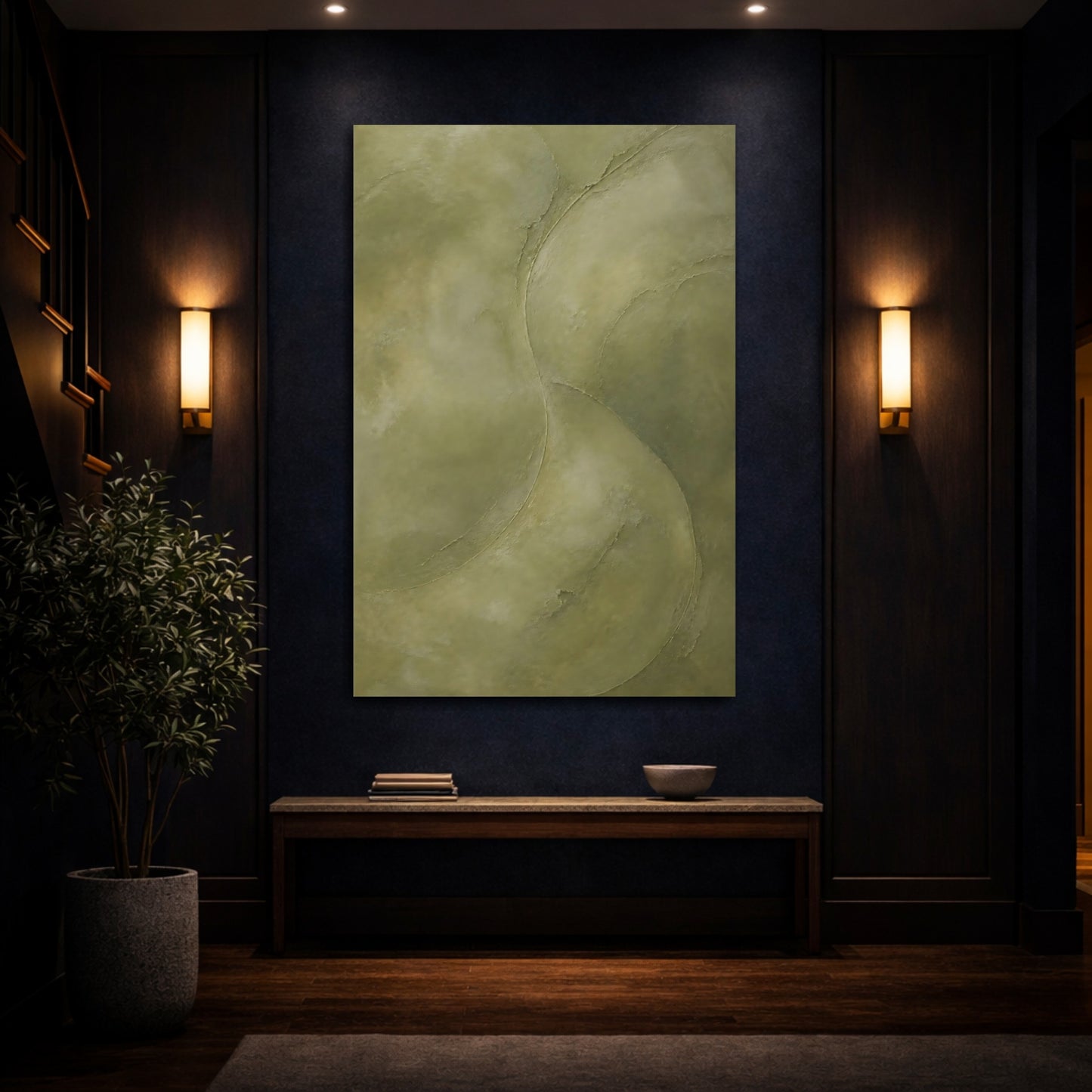 Mockup 4. Abstract Organic Texture Olive Green Abstract shown as stretched canvas wall art