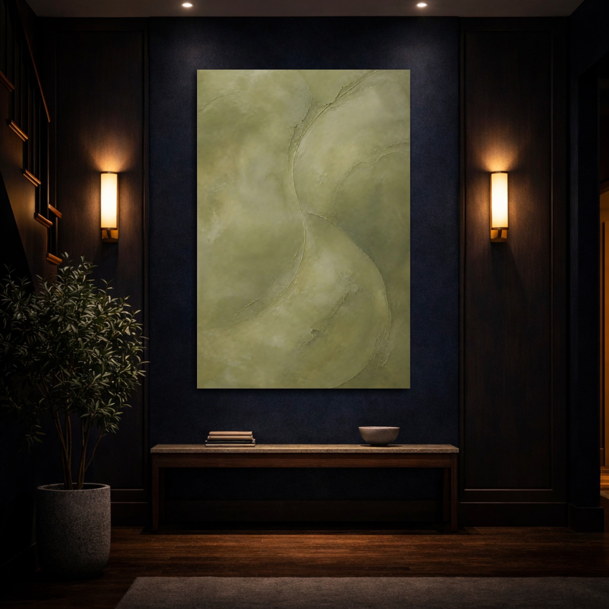 Mockup 4. Abstract Organic Texture Olive Green Abstract shown as stretched canvas wall art