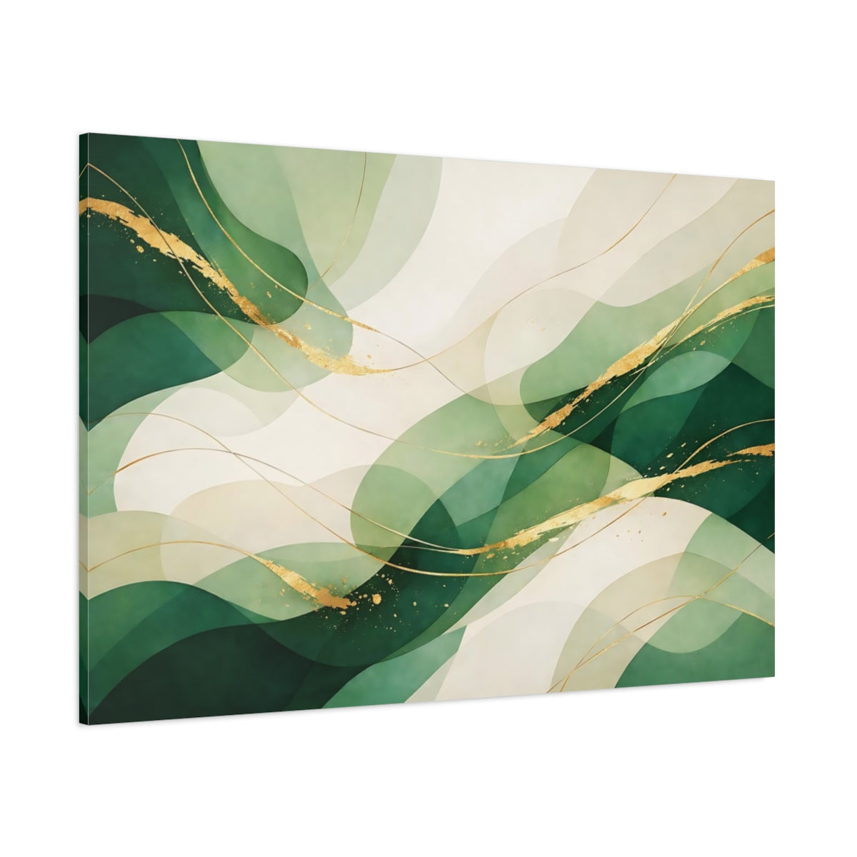 Main Mockup. Abstract Organic Waves Green And Gold shown as stretched canvas wall art