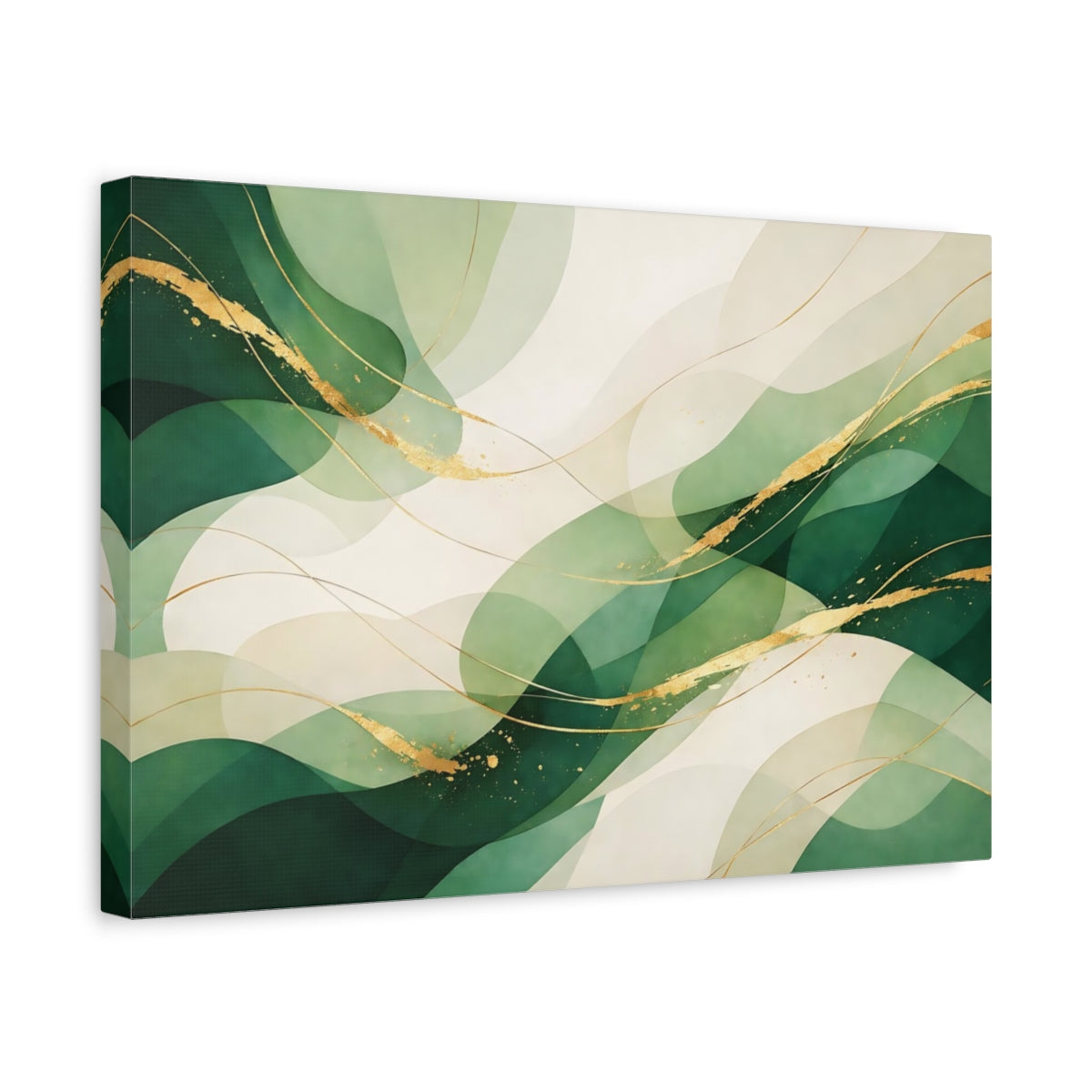 Side Mockup 4. Abstract Organic Waves Green And Gold shown as stretched canvas wall art