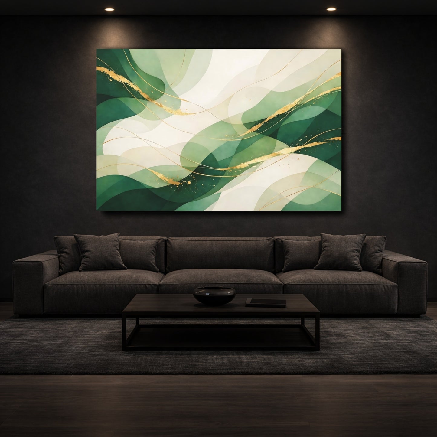Mockup 2. Abstract Organic Waves Green And Gold shown as stretched canvas wall art