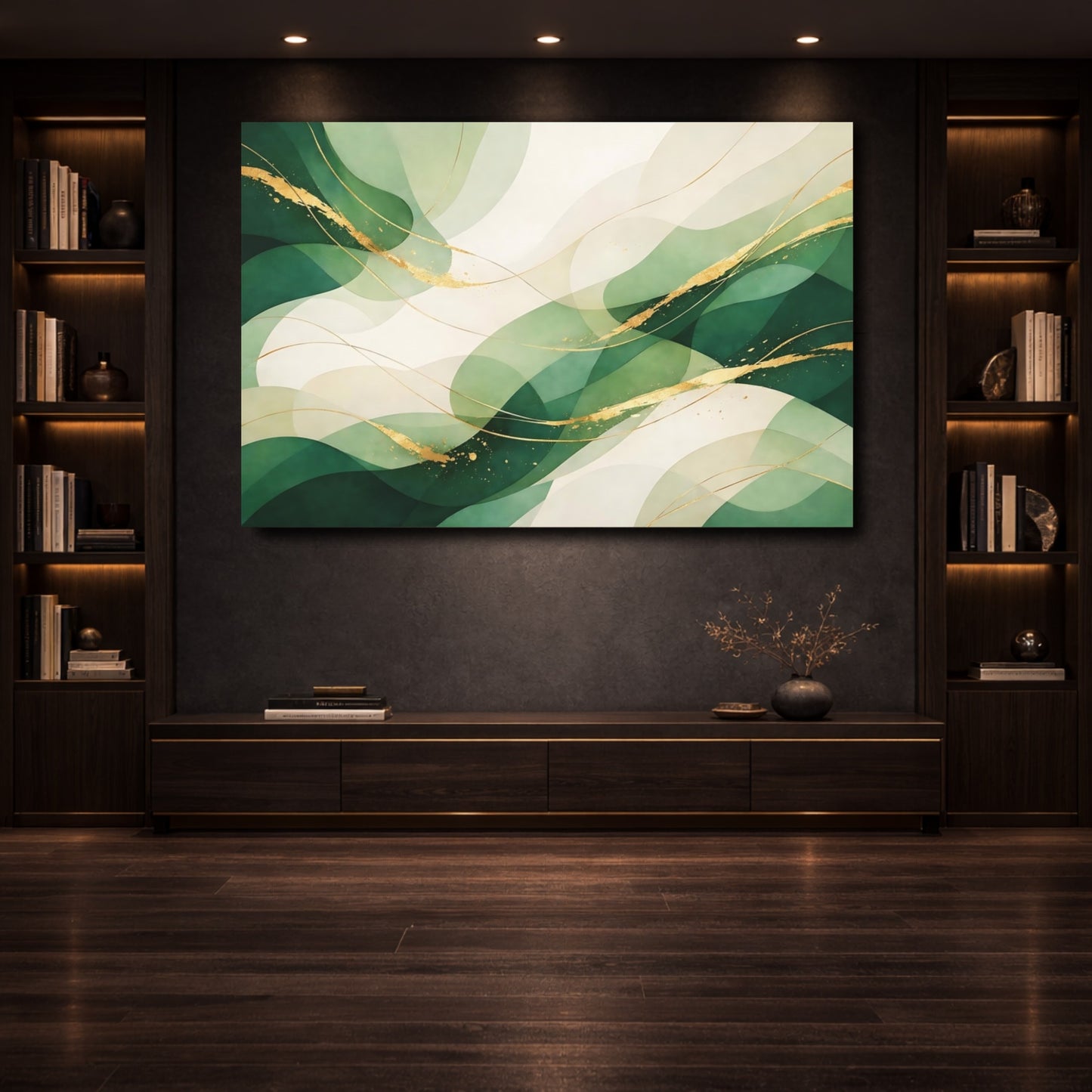 Mockup 3. Abstract Organic Waves Green And Gold shown as stretched canvas wall art
