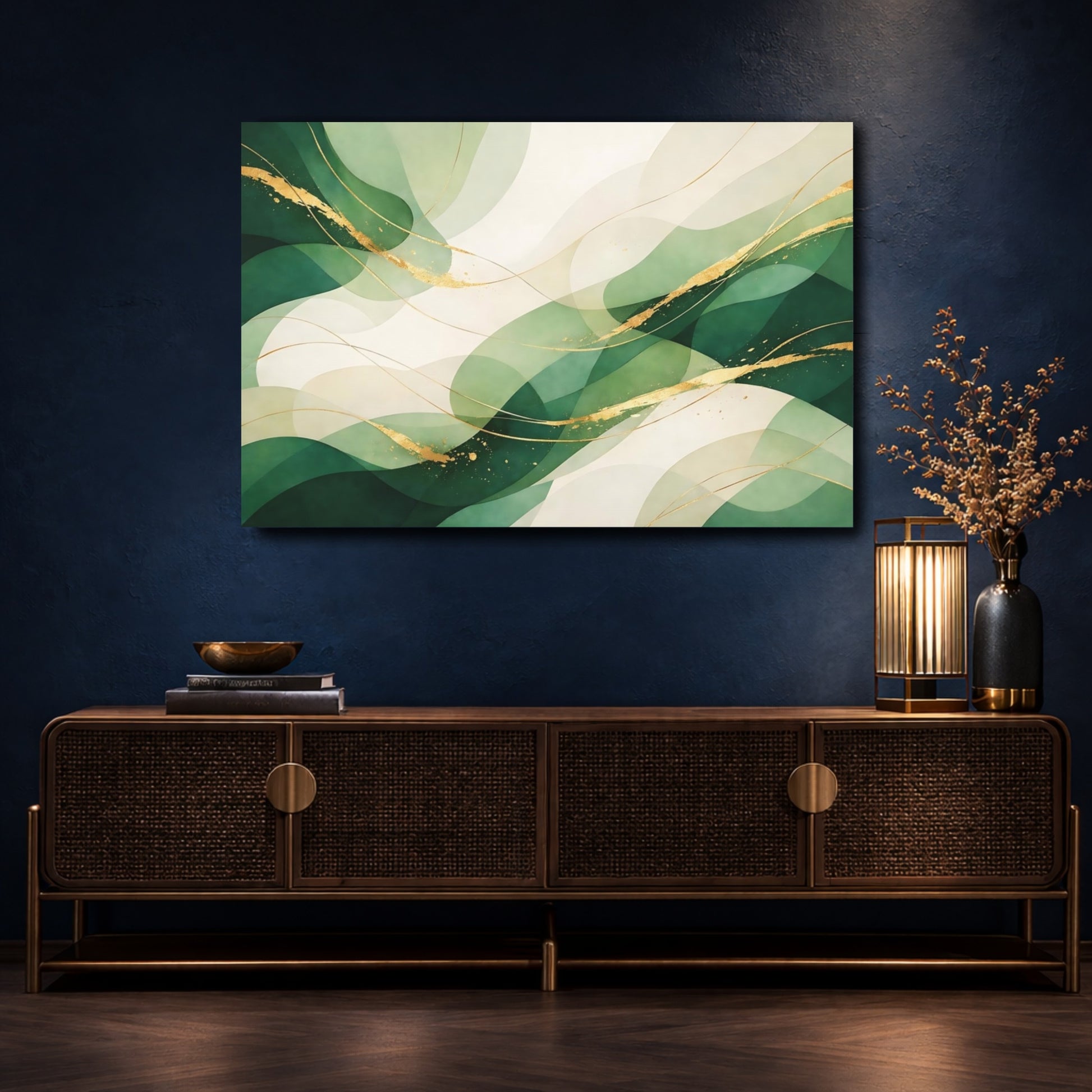 Mockup 4. Abstract Organic Waves Green And Gold shown as stretched canvas wall art
